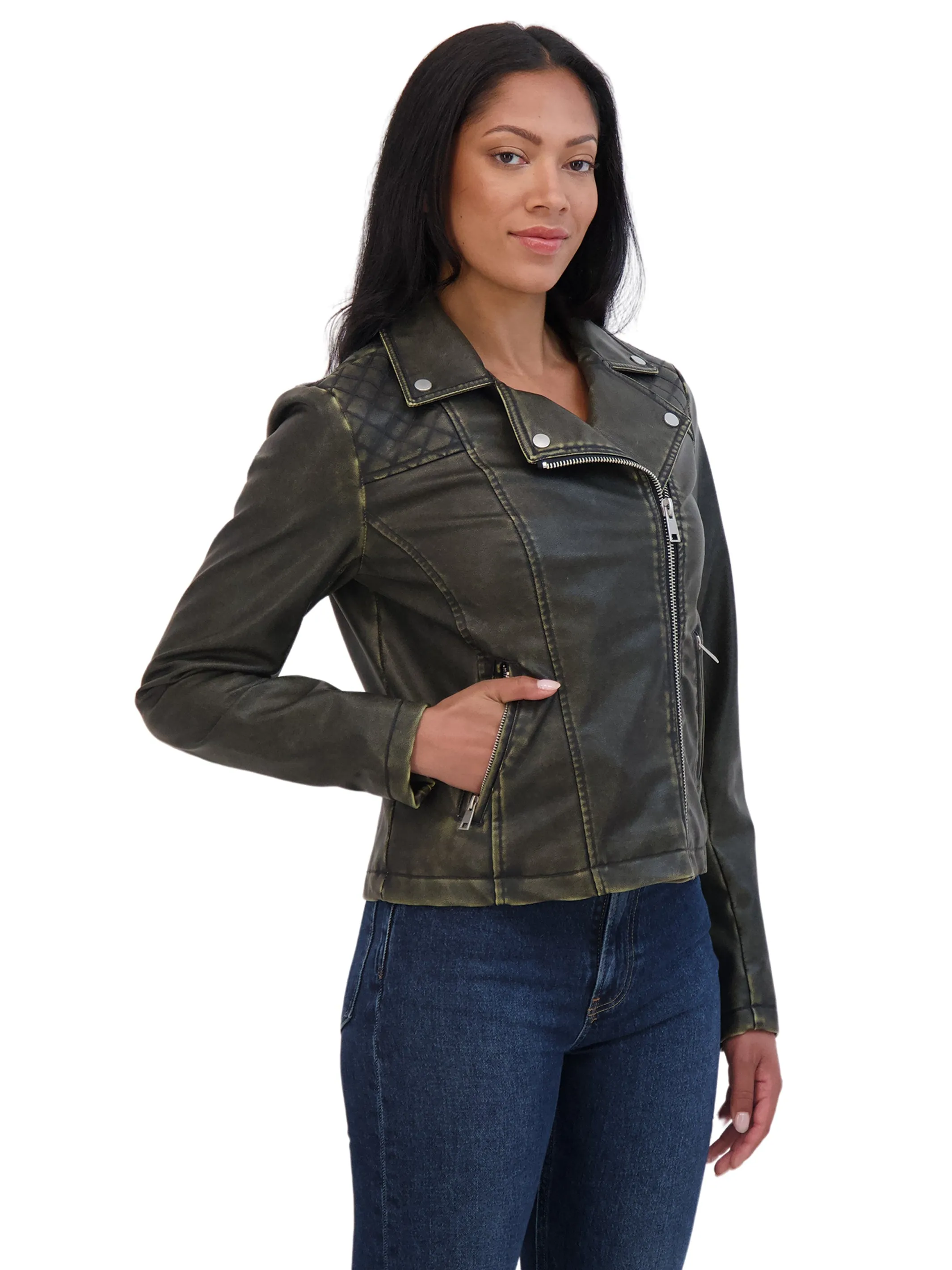 Sebby Collection Women's Distressed Faux Leather Biker Jacket