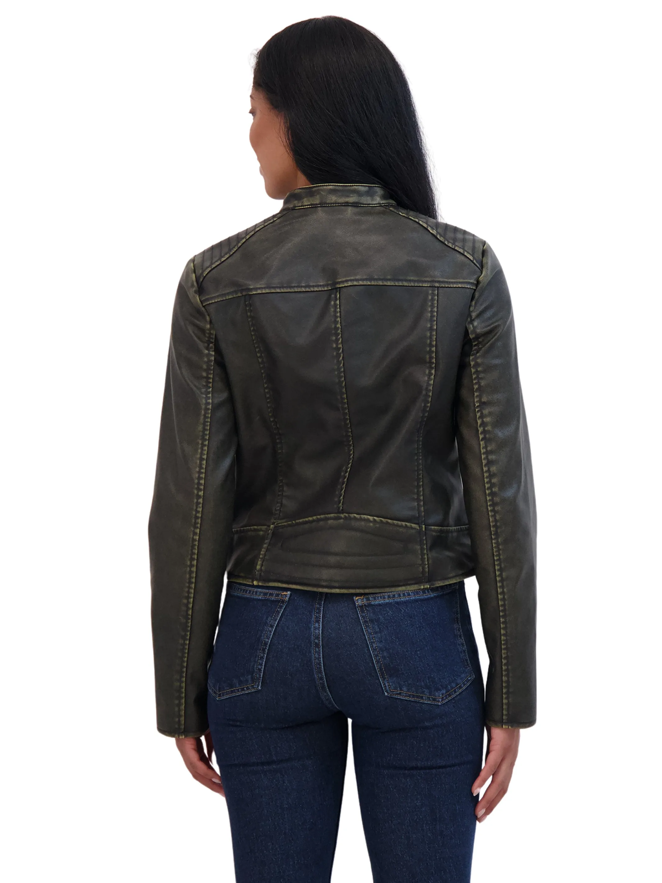 Sebby Collection Women's Distressed Faux Leather Zip Moto Front Jacket