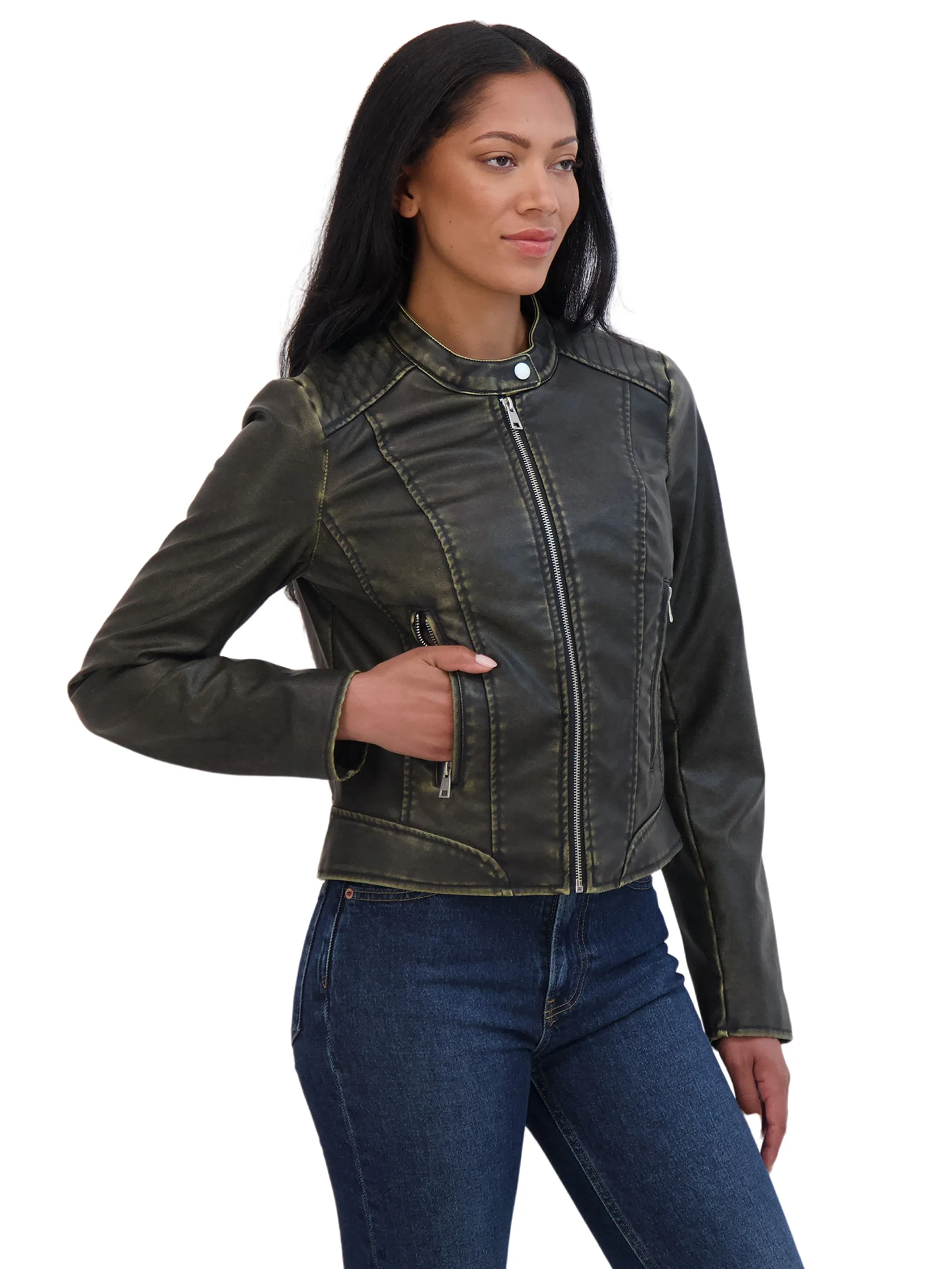 Sebby Collection Women's Distressed Faux Leather Zip Moto Front Jacket