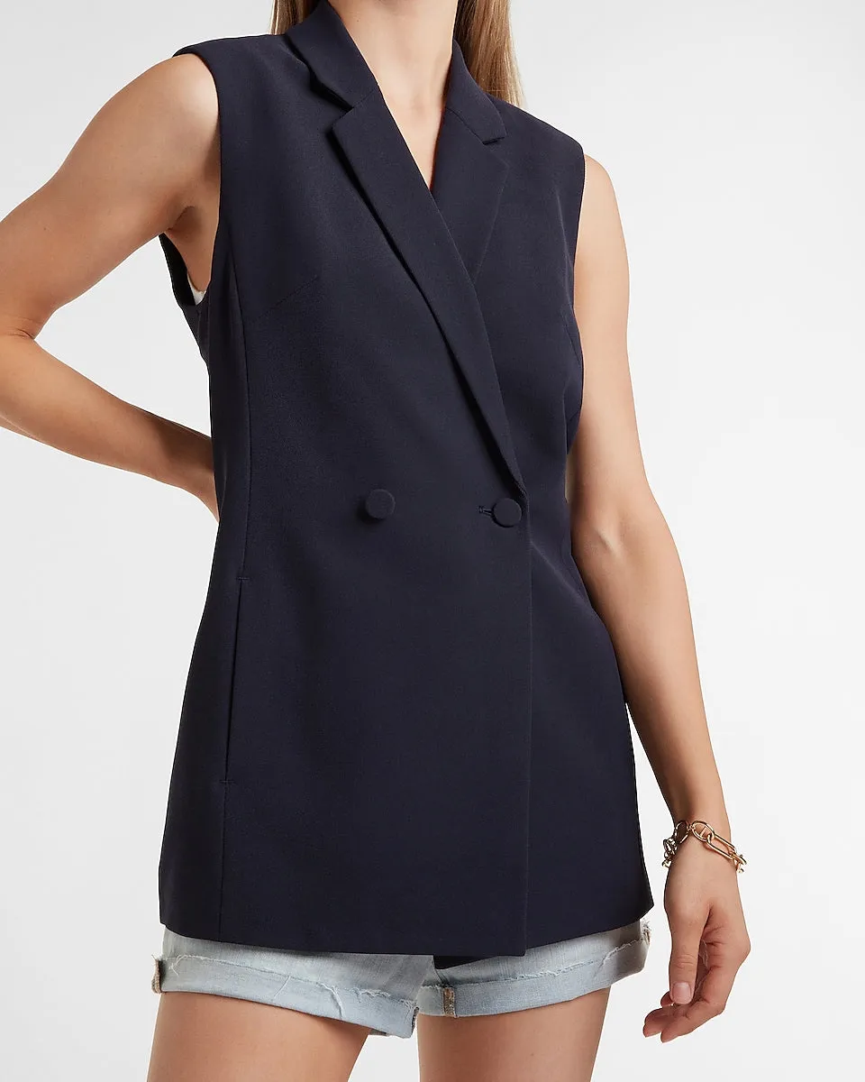 Sleeveless Double Breasted Twill Blazer in Navy Blue