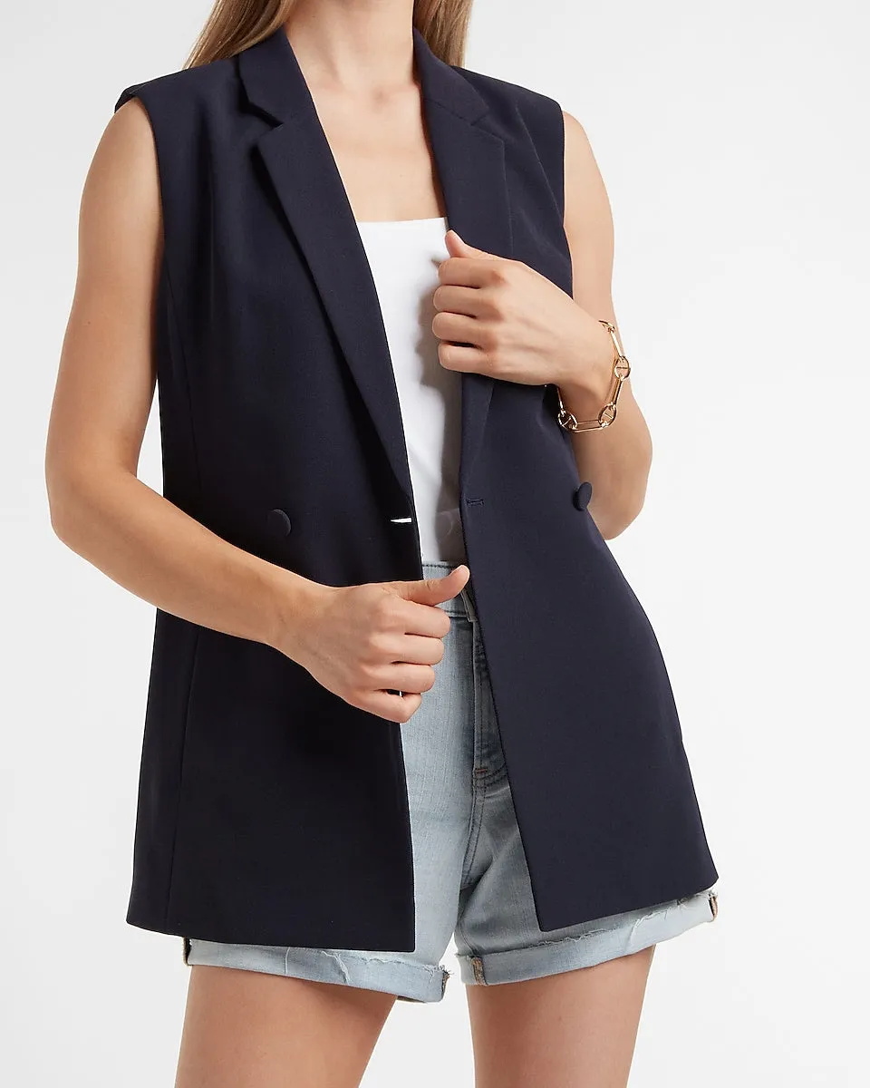 Sleeveless Double Breasted Twill Blazer in Navy Blue