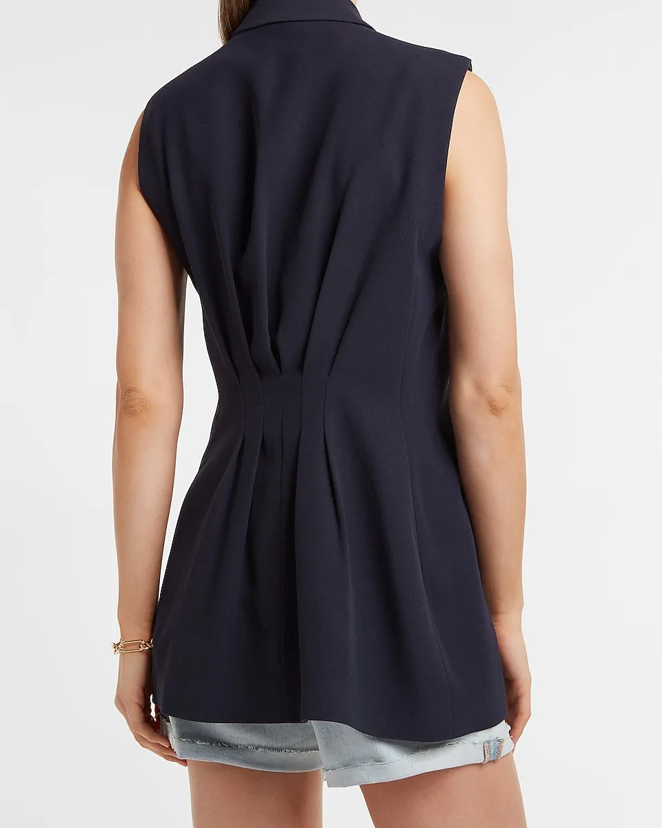 Sleeveless Double Breasted Twill Blazer in Navy Blue