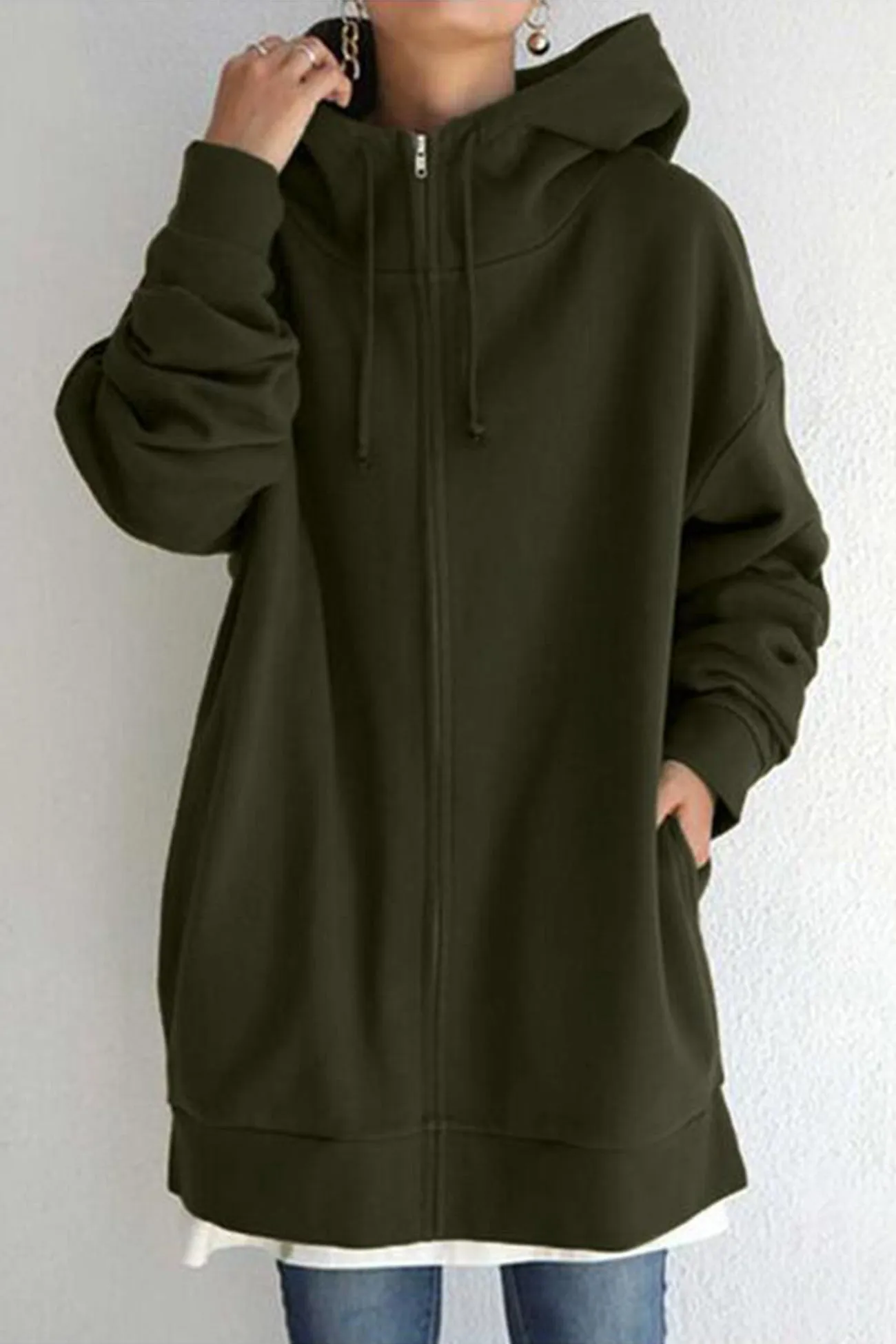 Solid Zipper Mid-length Hoodie