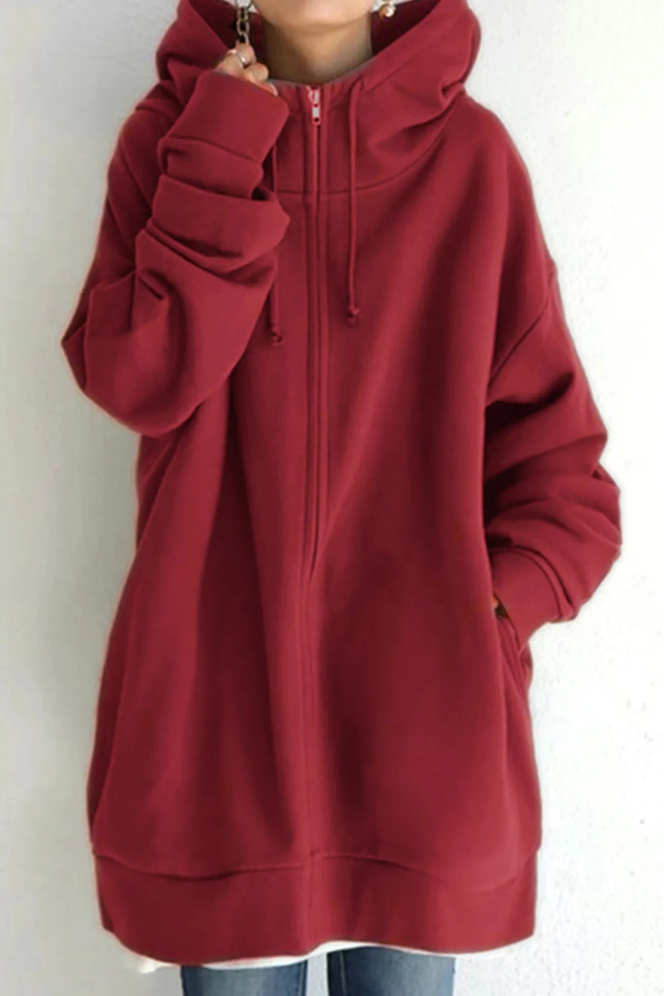 Solid Zipper Mid-length Hoodie