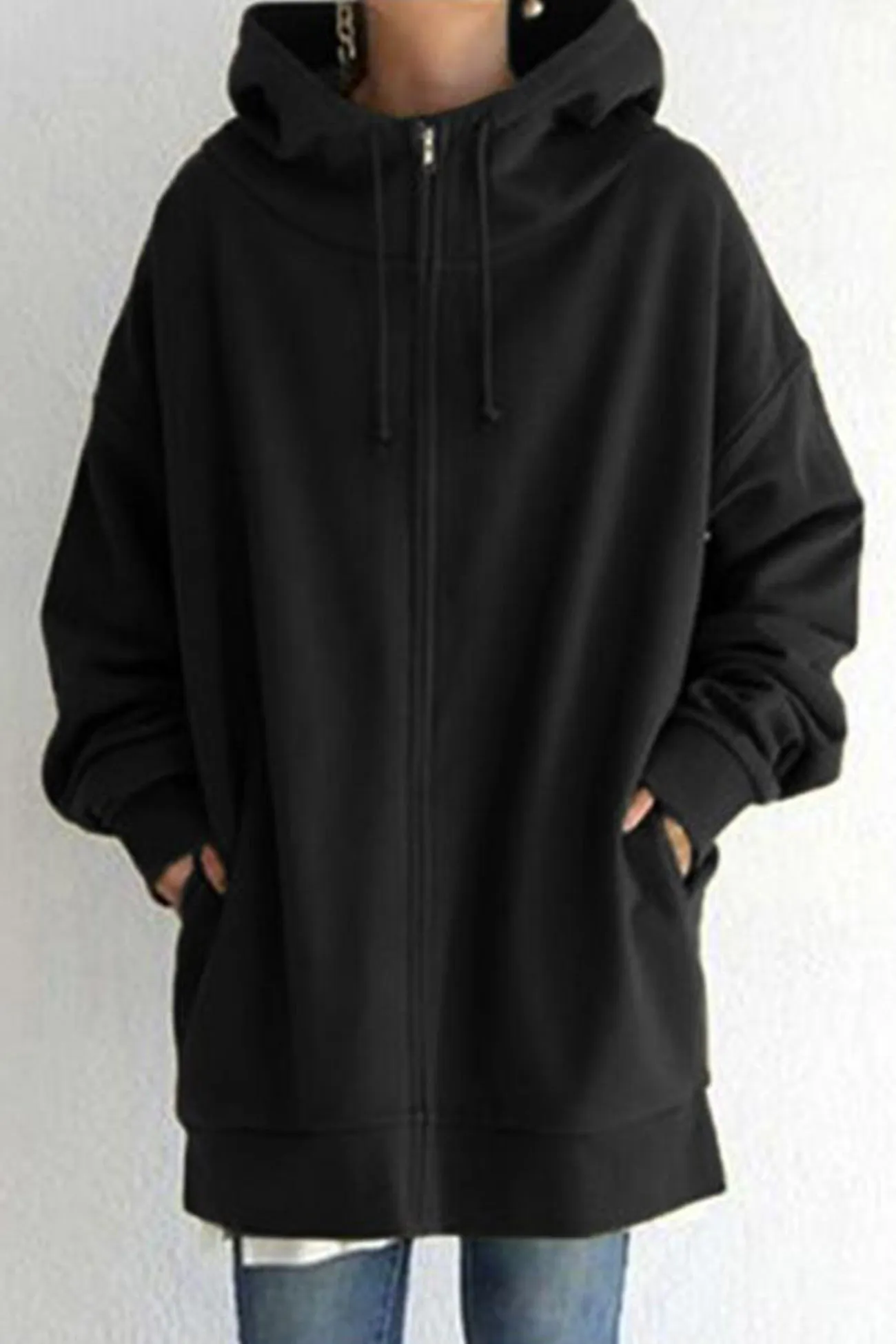 Solid Zipper Mid-length Hoodie