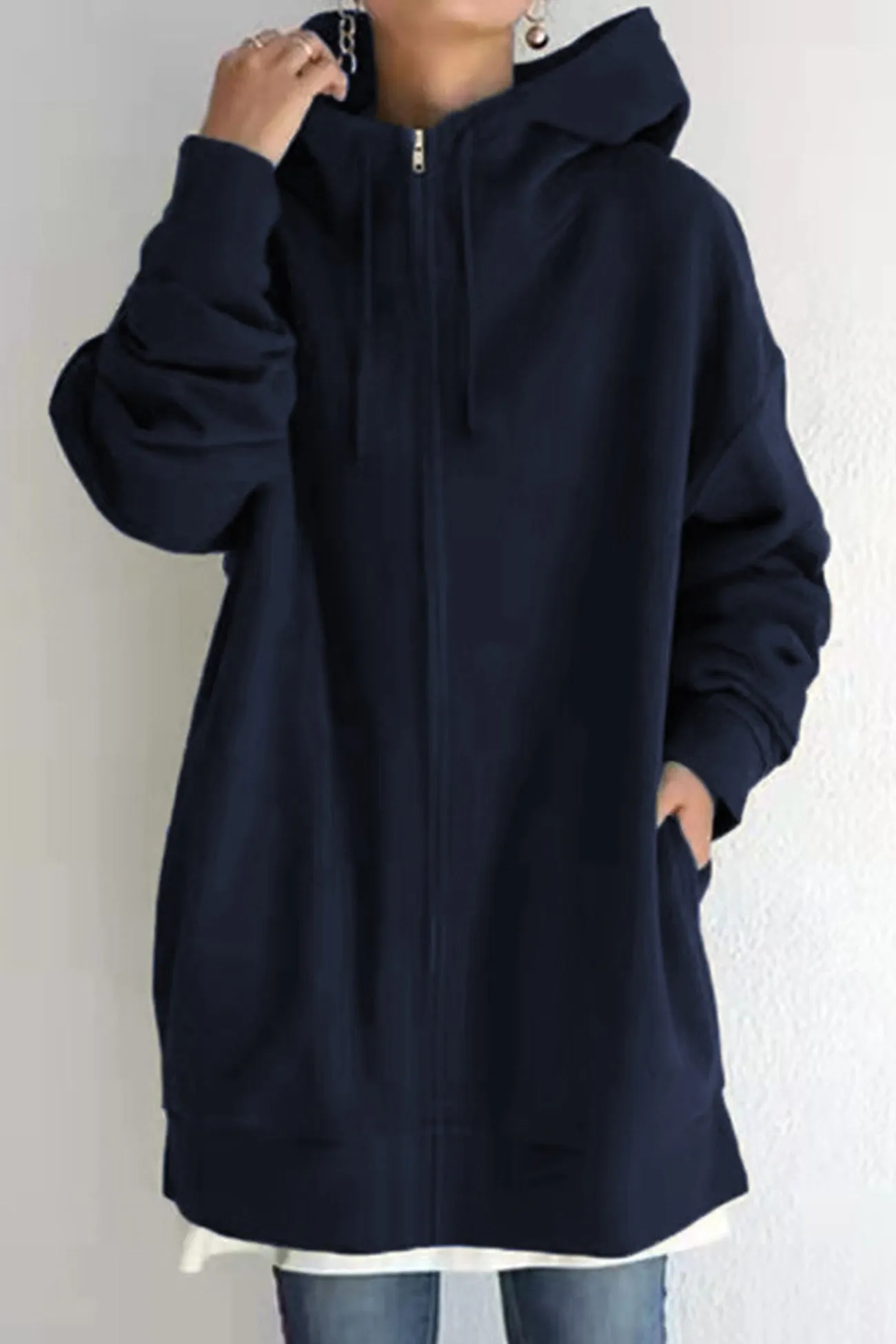 Solid Zipper Mid-length Hoodie