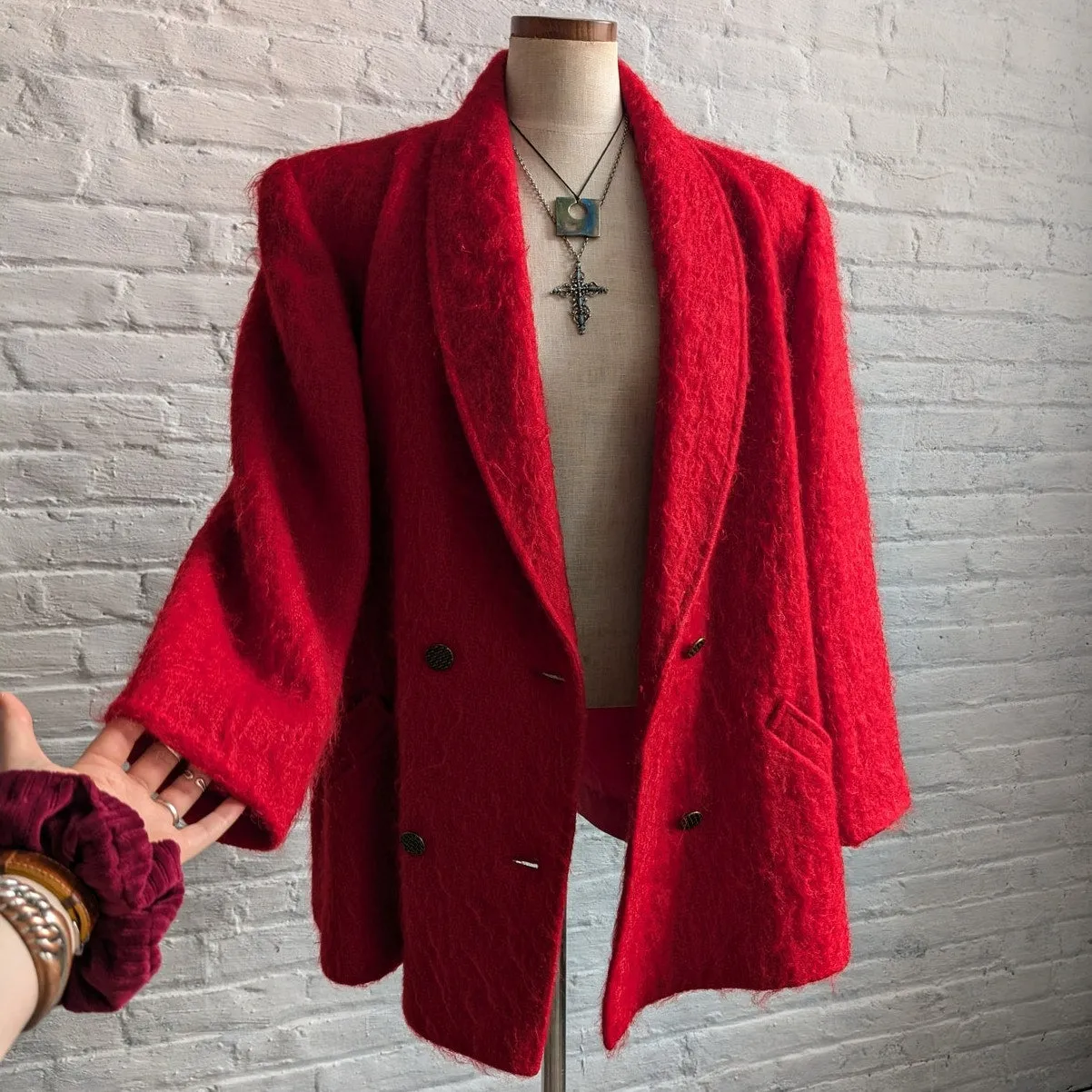 Vintage Red Fuzzy Mohair Wool Blazer Trench Shaggy Statement Pea Coat Jacket