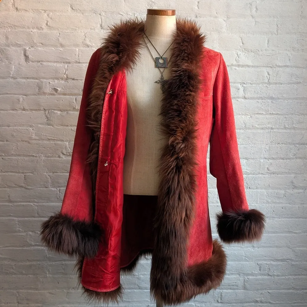 Vintage Red Suede Penny Lane Fur Jacket Furry Leather Groovy Vintage Trench Coat