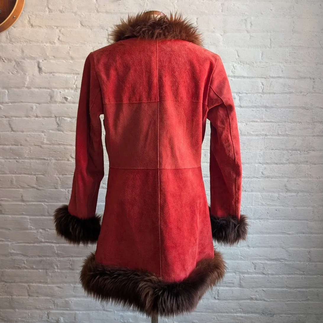 Vintage Red Suede Penny Lane Fur Jacket Furry Leather Groovy Vintage Trench Coat