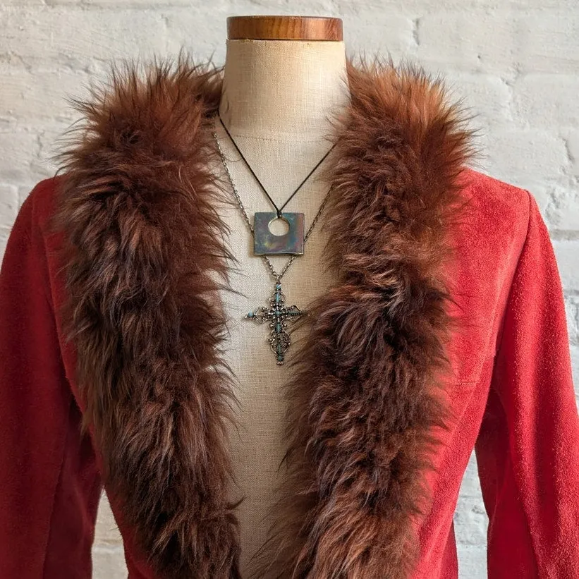 Vintage Red Suede Penny Lane Fur Jacket Furry Leather Groovy Vintage Trench Coat