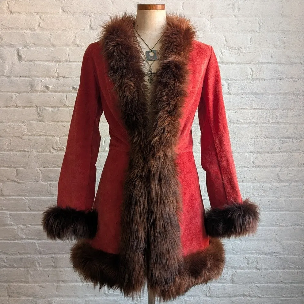 Vintage Red Suede Penny Lane Fur Jacket Furry Leather Groovy Vintage Trench Coat