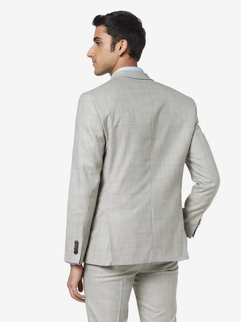 WES Formals Beige Slim Fit Checkered Blazer