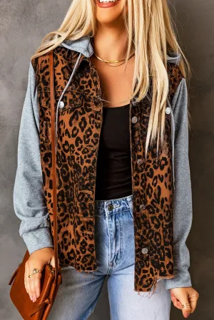 Wholesale Cheetah Patchwork Ripped Raw Hem Jacket