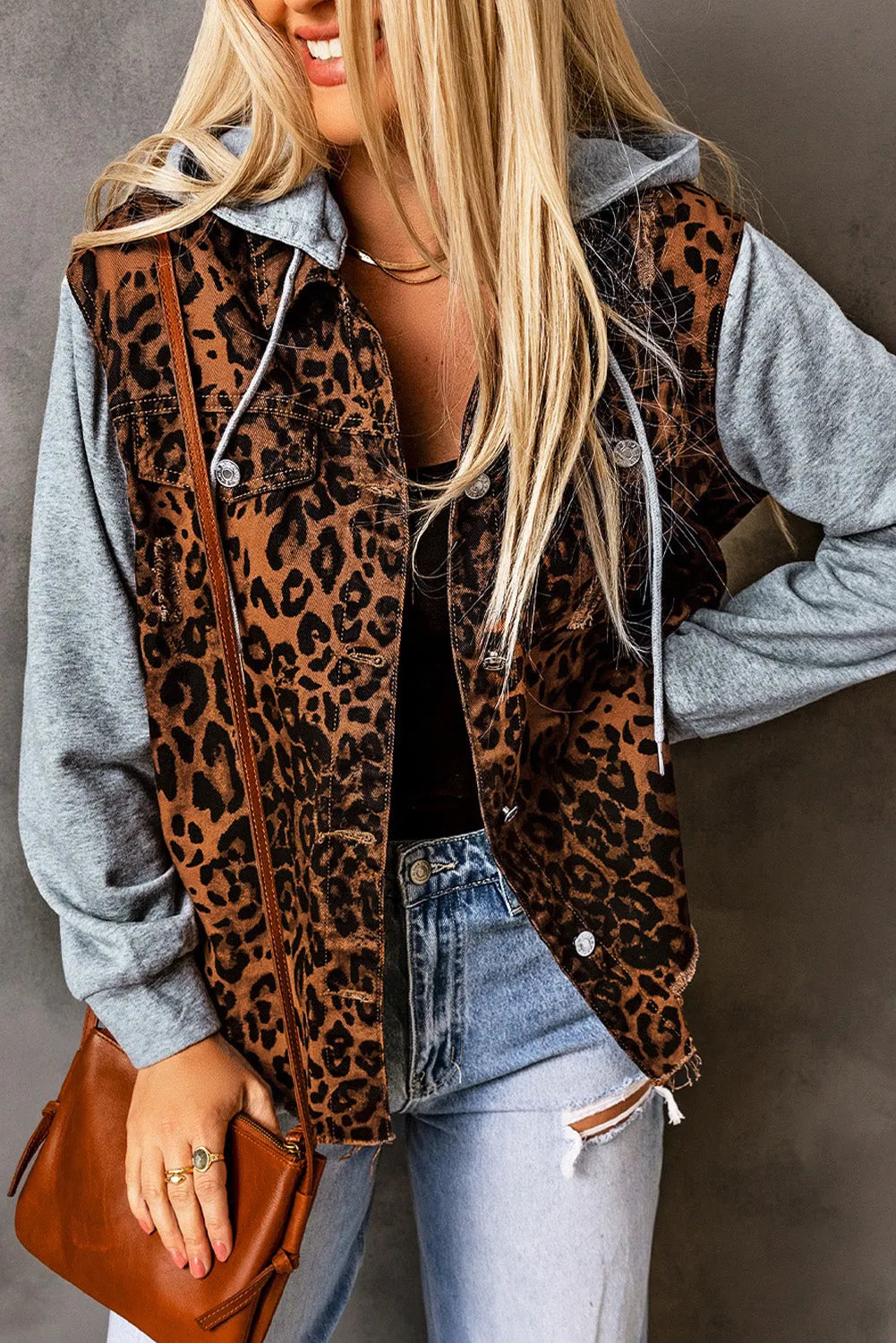 Wholesale Cheetah Patchwork Ripped Raw Hem Jacket