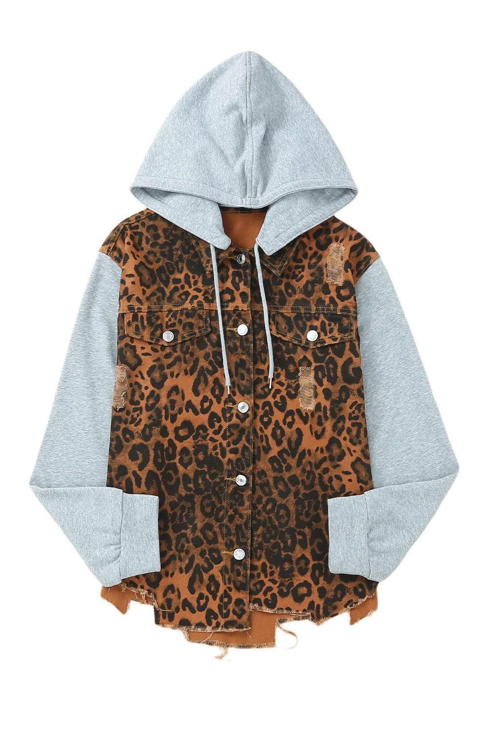 Wholesale Cheetah Patchwork Ripped Raw Hem Jacket