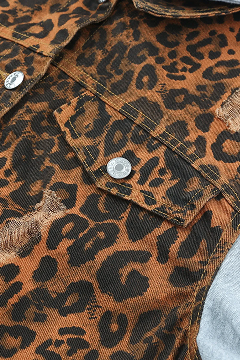 Wholesale Cheetah Patchwork Ripped Raw Hem Jacket