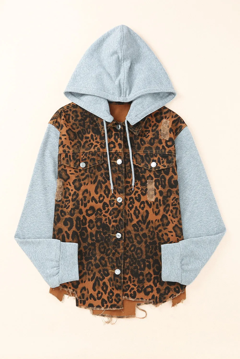 Wholesale Cheetah Patchwork Ripped Raw Hem Jacket