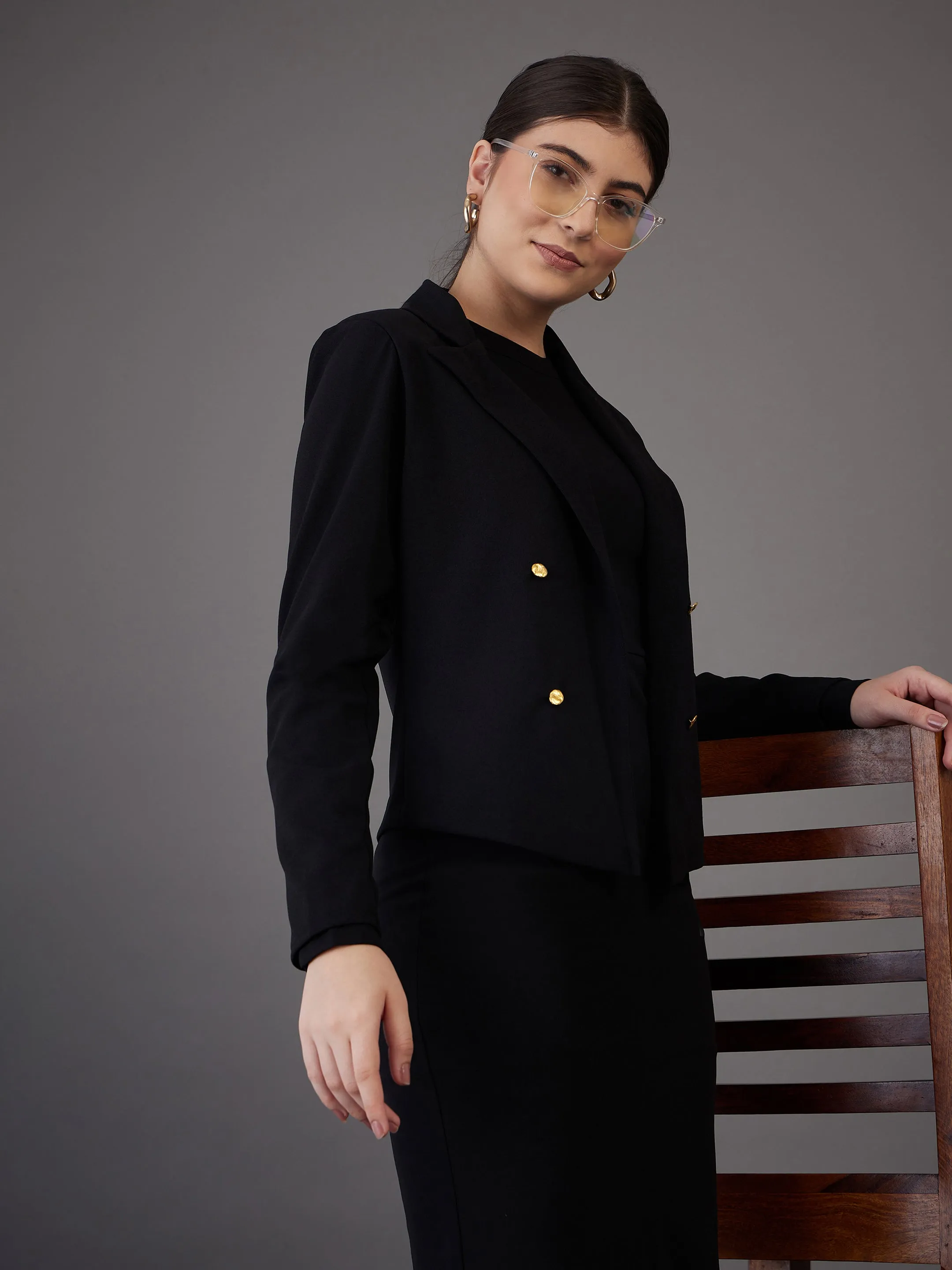 Women Black Notch Collar Single-Breasted Blazer