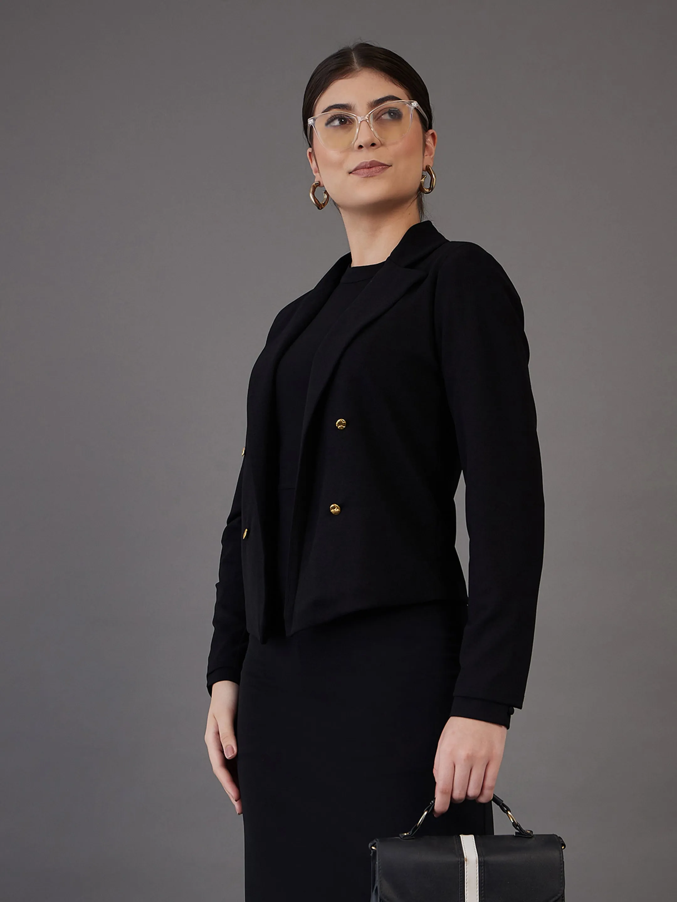 Women Black Notch Collar Single-Breasted Blazer