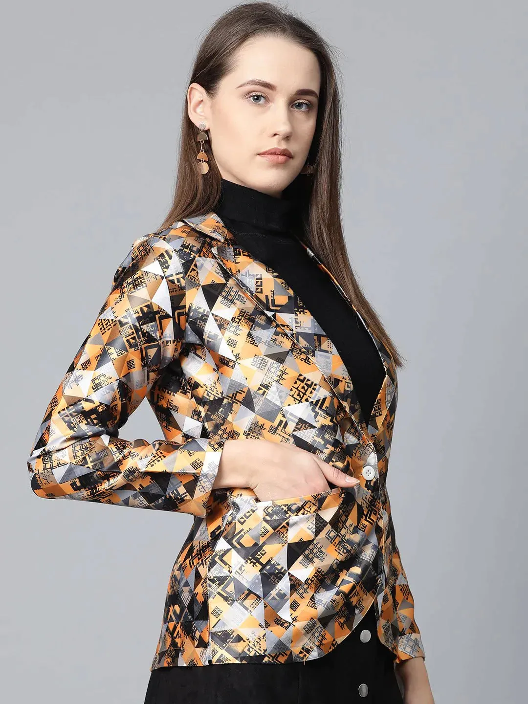 Women Mustard Yellow & Grey Satin Finish Printed Single-Breasted Blazer