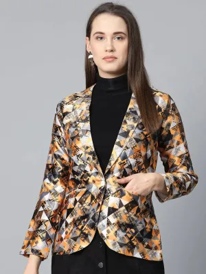 Women Mustard Yellow & Grey Satin Finish Printed Single-Breasted Blazer