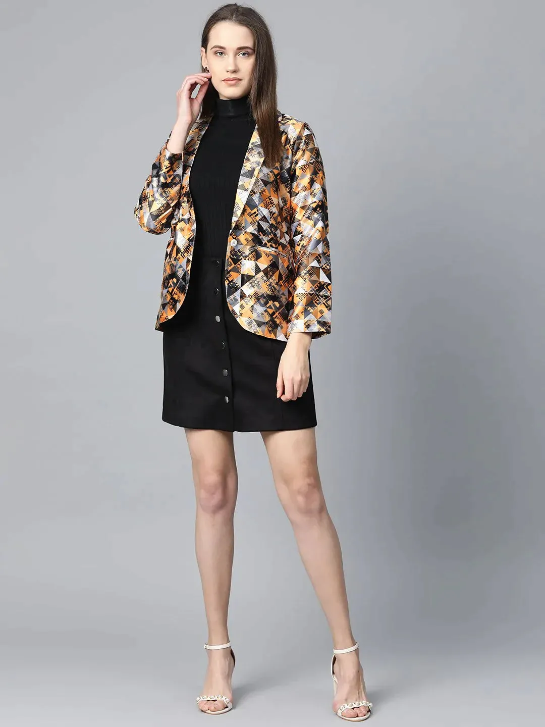 Women Mustard Yellow & Grey Satin Finish Printed Single-Breasted Blazer