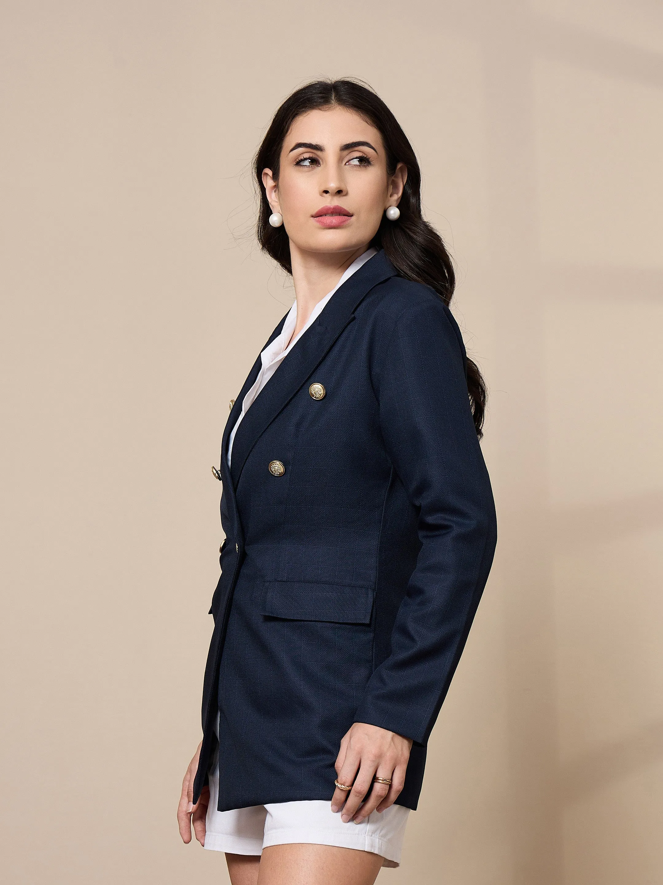 Women Navy Double-Breasted Check Blazer