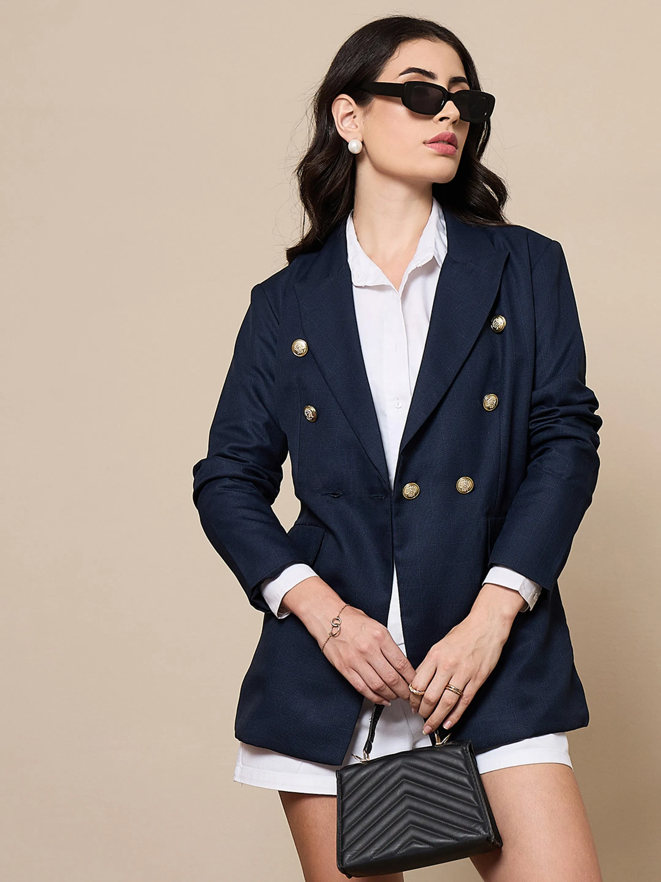 Women Navy Double-Breasted Check Blazer