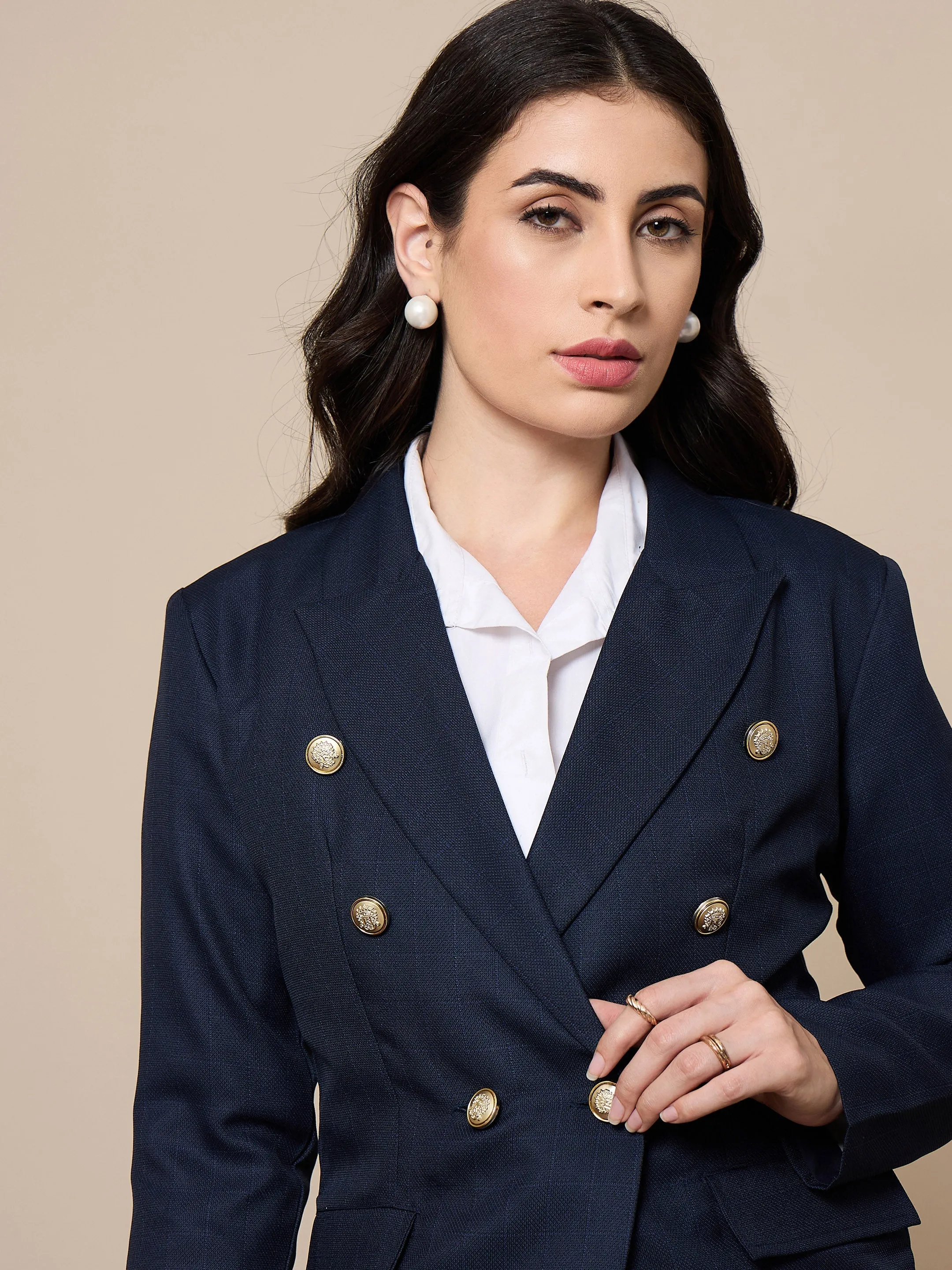 Women Navy Double-Breasted Check Blazer