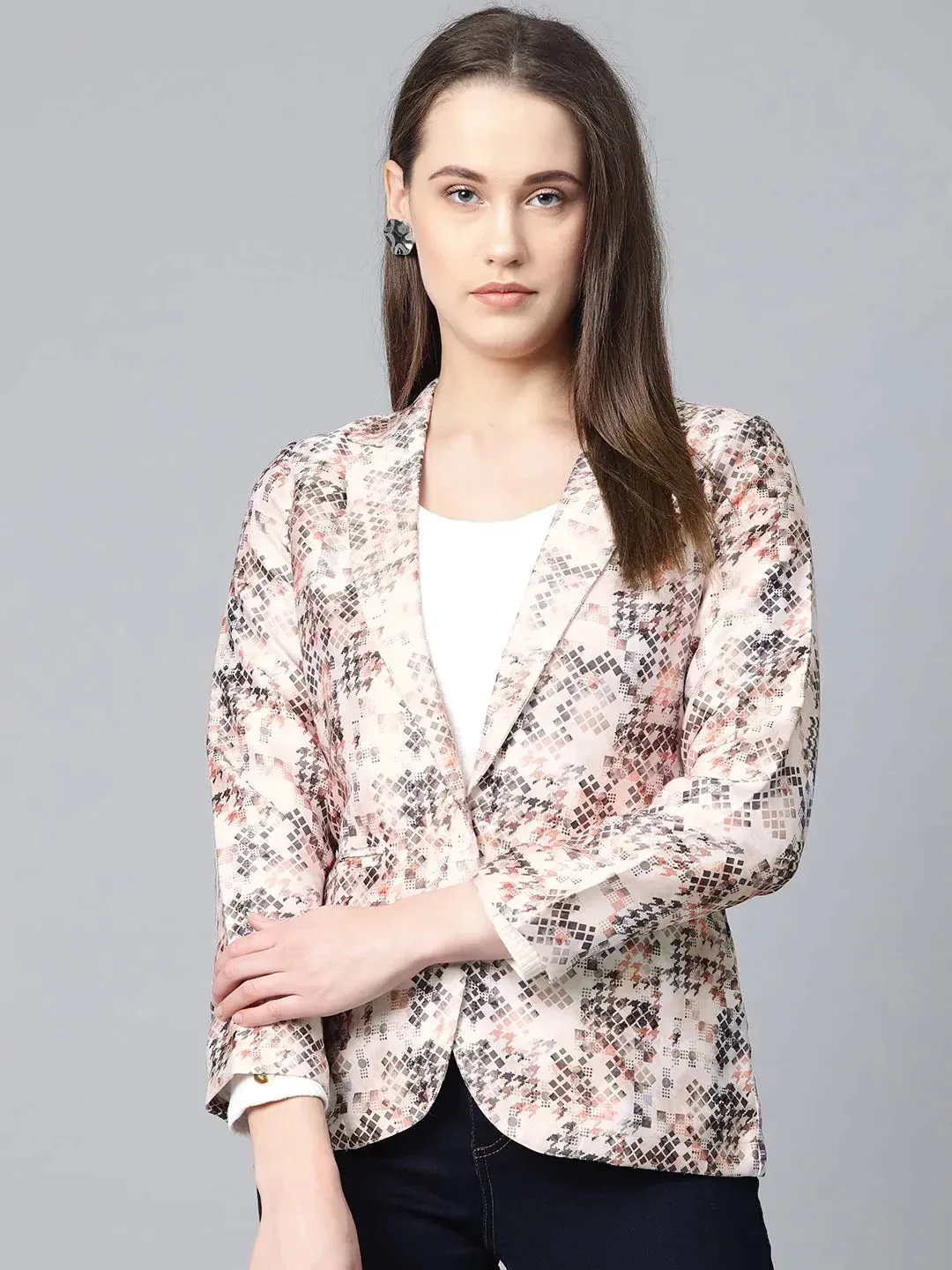 Women Peach-Coloured & Grey Satin Printed Single-Breasted Casual Blazer