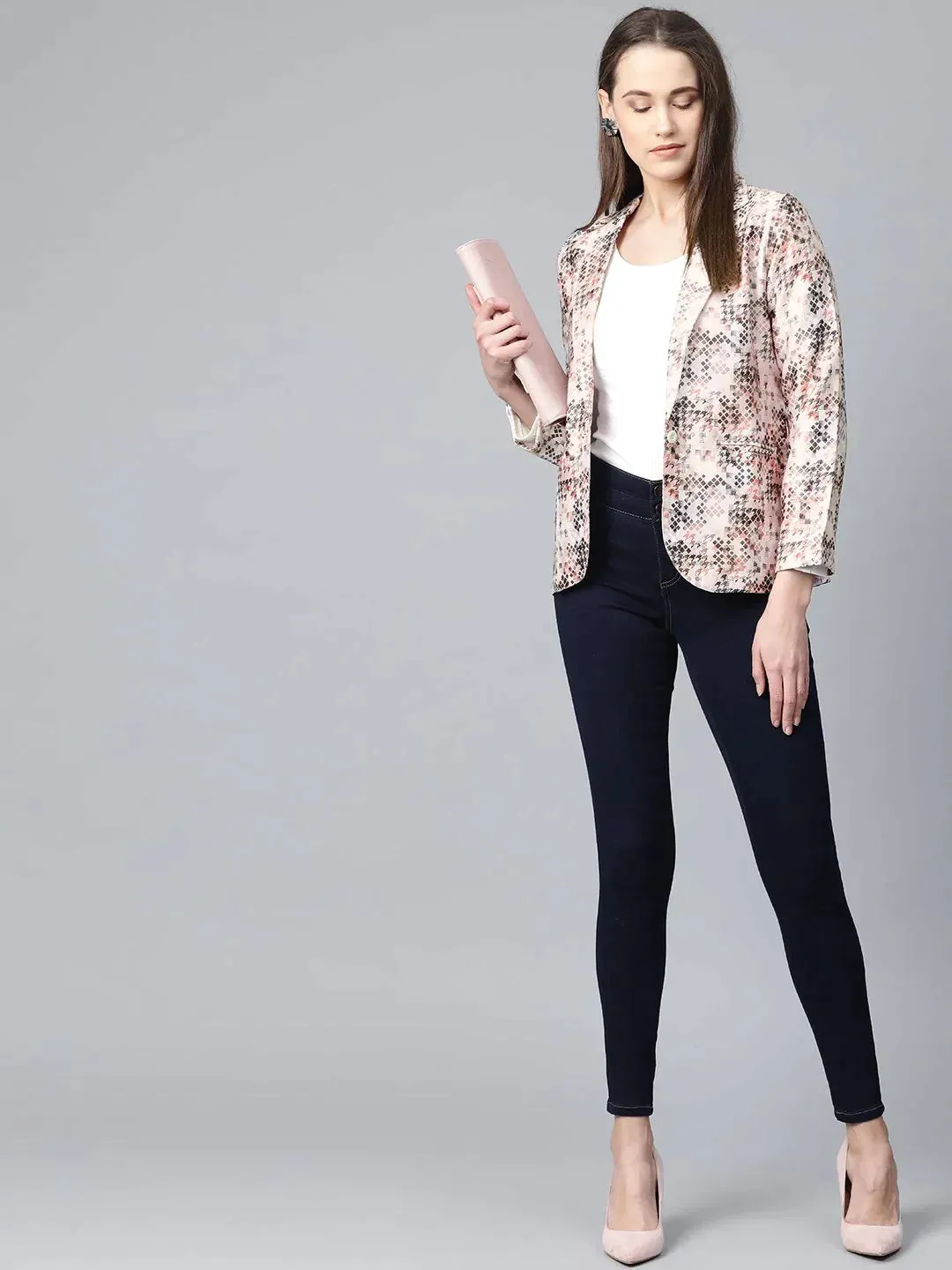 Women Peach-Coloured & Grey Satin Printed Single-Breasted Casual Blazer