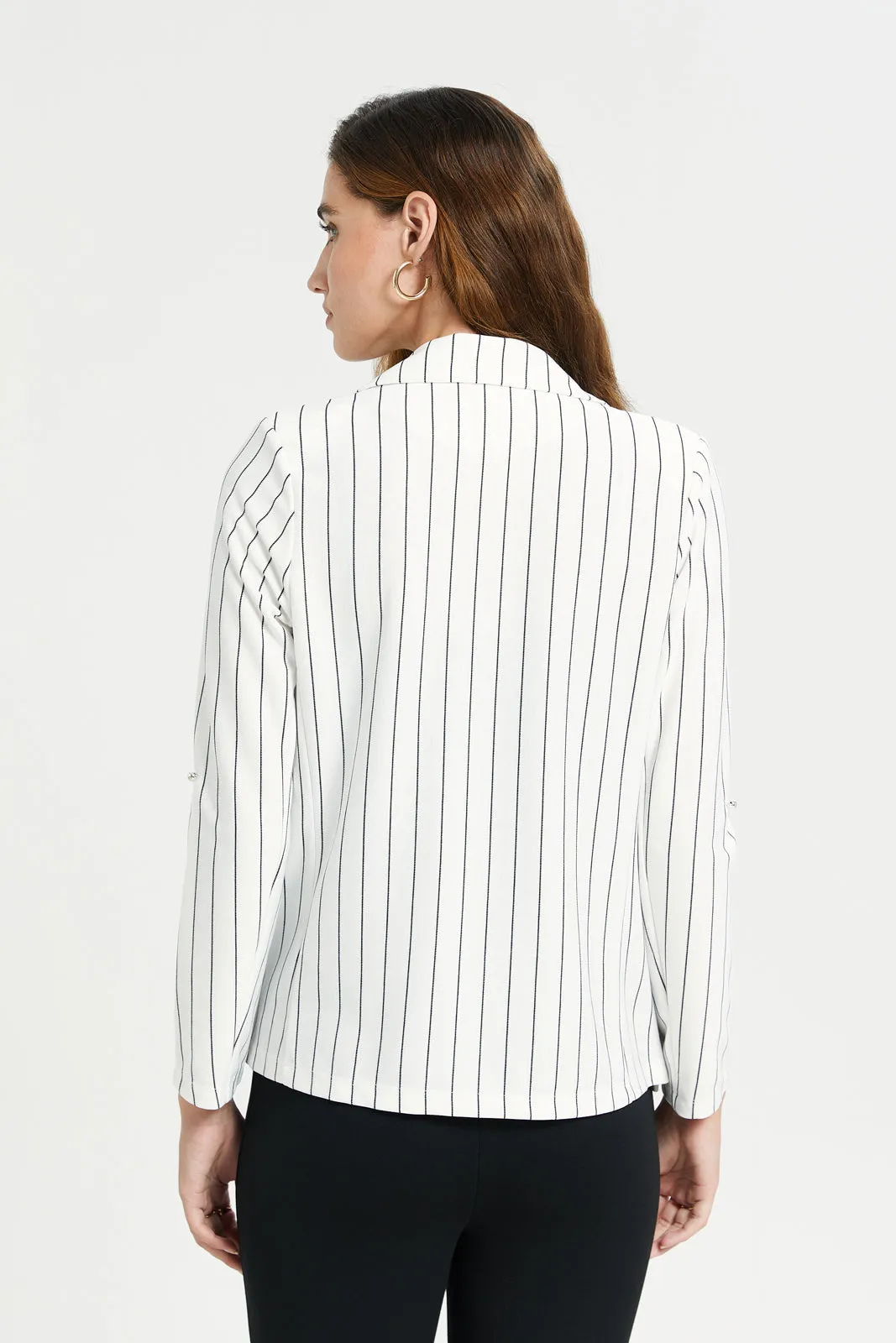 Women White And Black Striped Rolled Sleeve Blazer