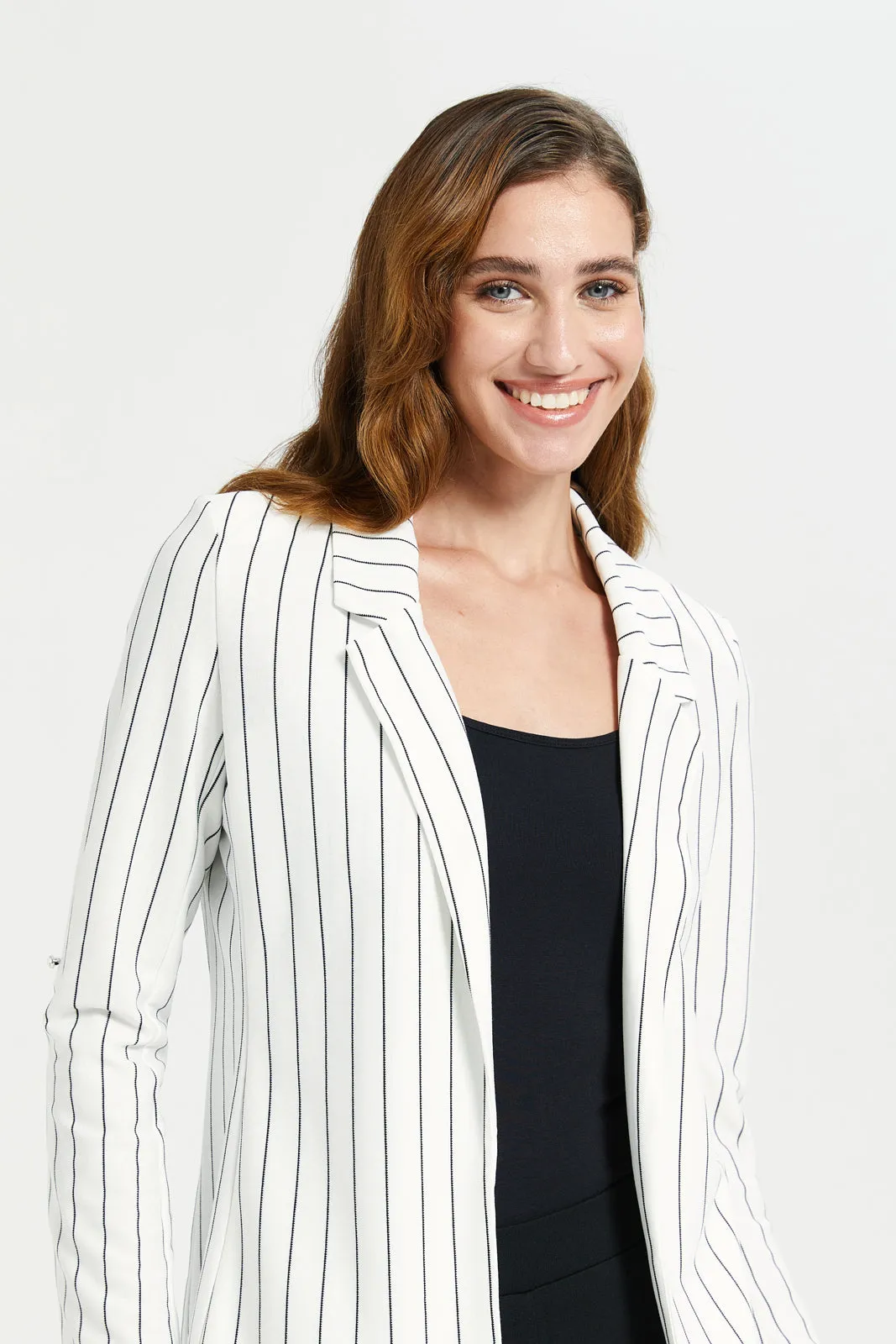 Women White And Black Striped Rolled Sleeve Blazer