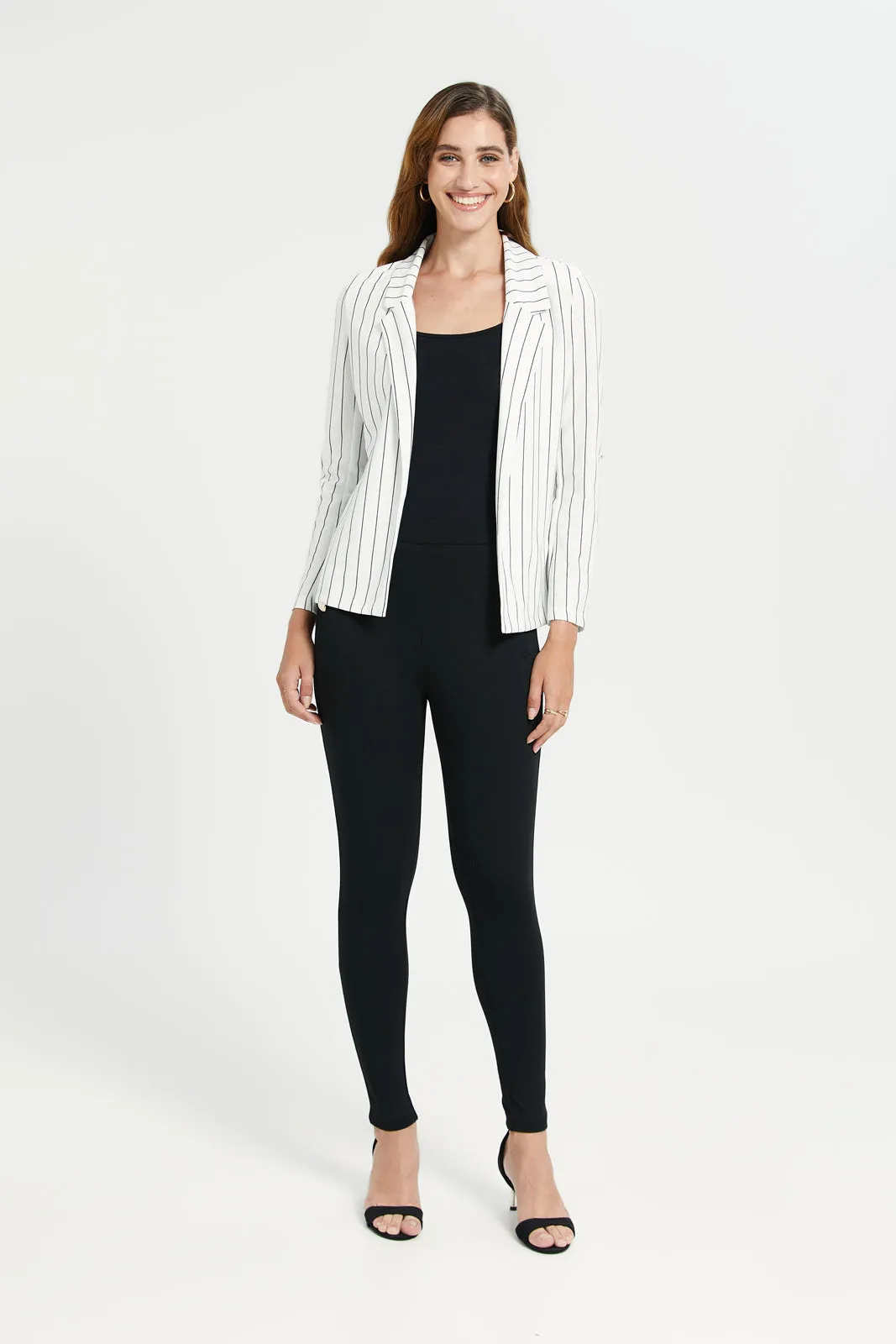 Women White And Black Striped Rolled Sleeve Blazer