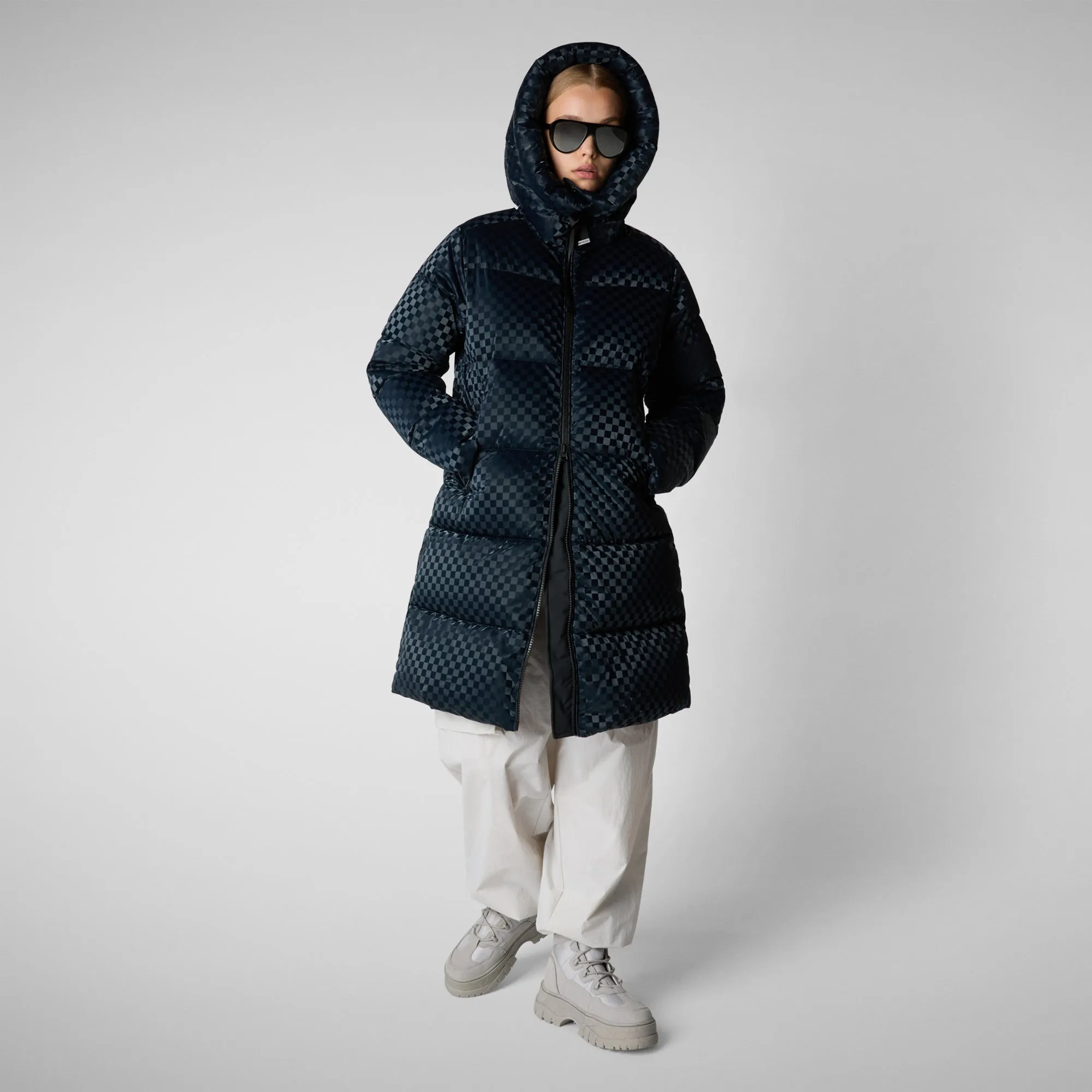 Women's Amaranta Hooded Animal free Puffer Coat in Blue Black