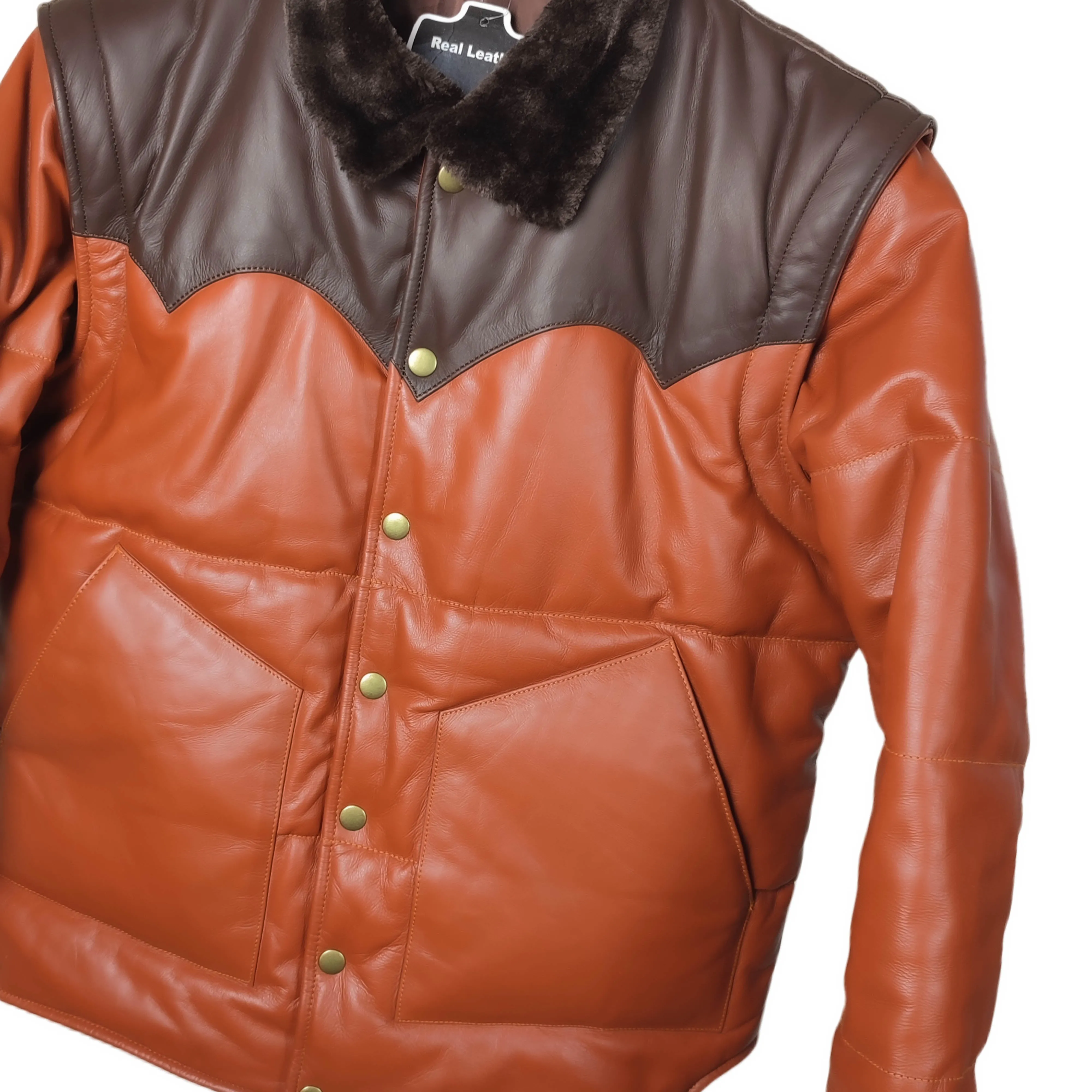 Women's Brown Designer Puffer Leather Jacket - Brando 2.0