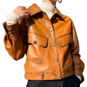 Women’s Brown Genuine Sheepskin Shirt Collar Streetwear Single Breasted Loose Oversized Vintage Fashion Chic Leather Jacket