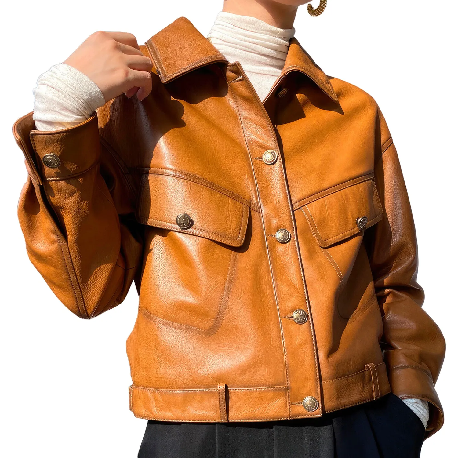 Women’s Brown Genuine Sheepskin Shirt Collar Streetwear Single Breasted Loose Oversized Vintage Fashion Chic Leather Jacket