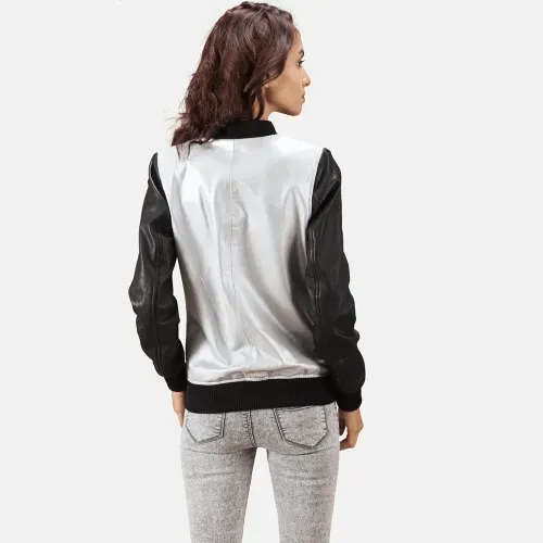 Womens Cole Silver Leather Bomber Jacket