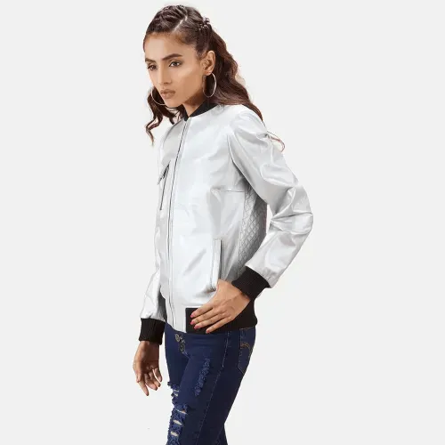 Womens Cole Silver Leather Bomber Jacket