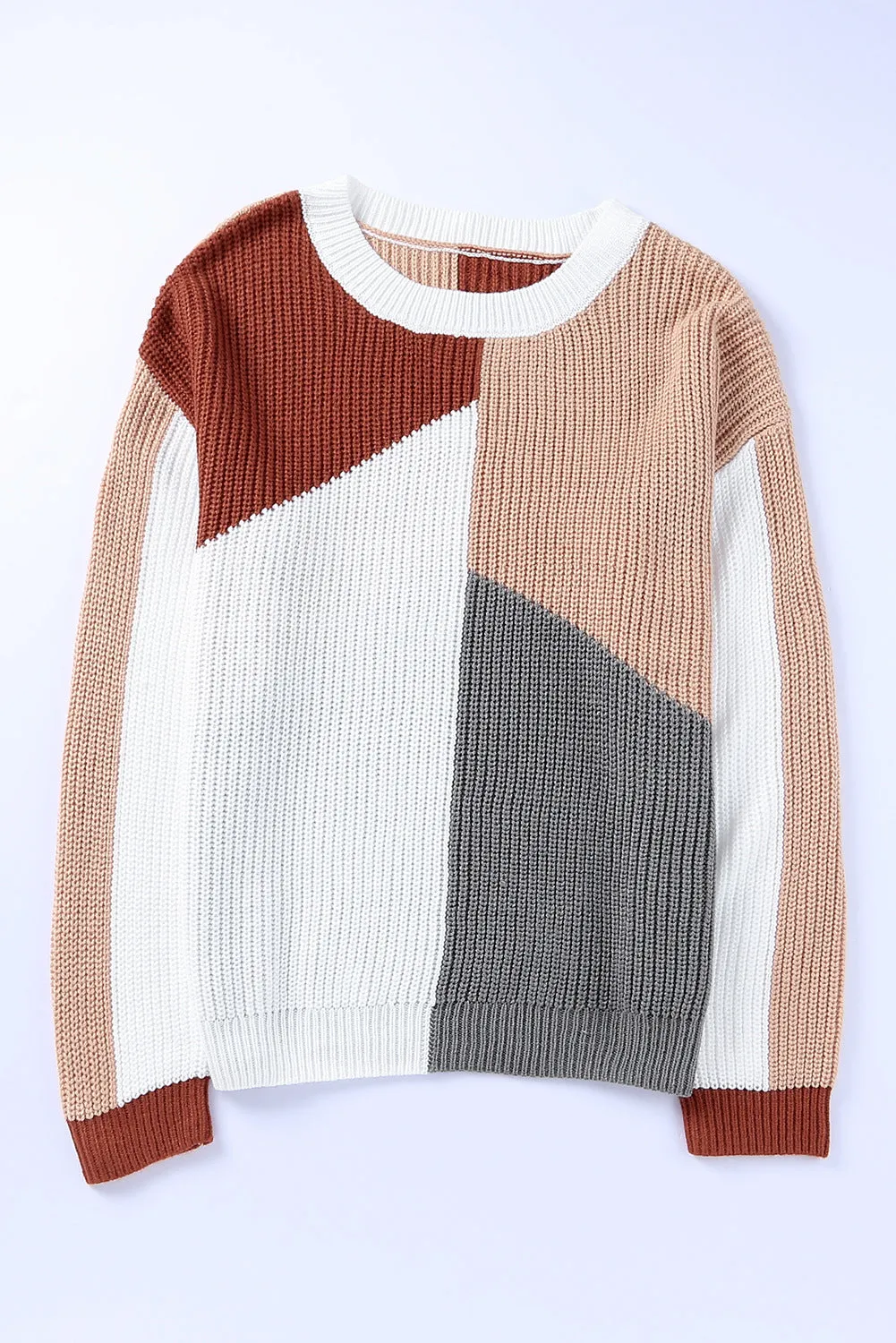 Women's Crew Neck Long Sleeve Jumper Tops Loose Fit Color Block Knit Sweater