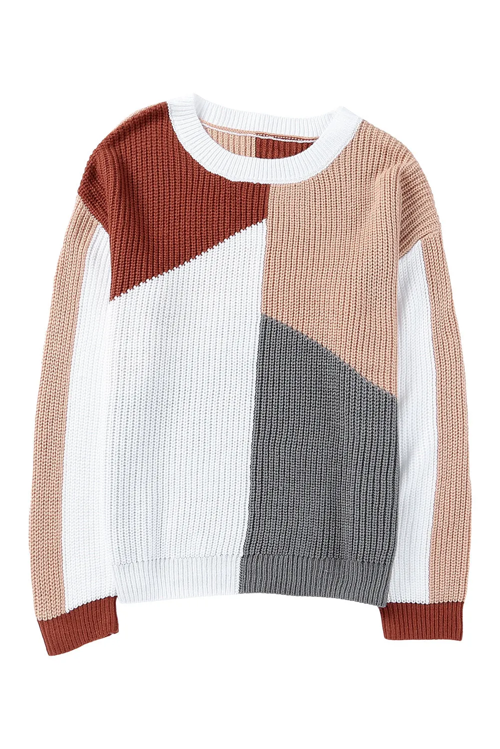 Women's Crew Neck Long Sleeve Jumper Tops Loose Fit Color Block Knit Sweater