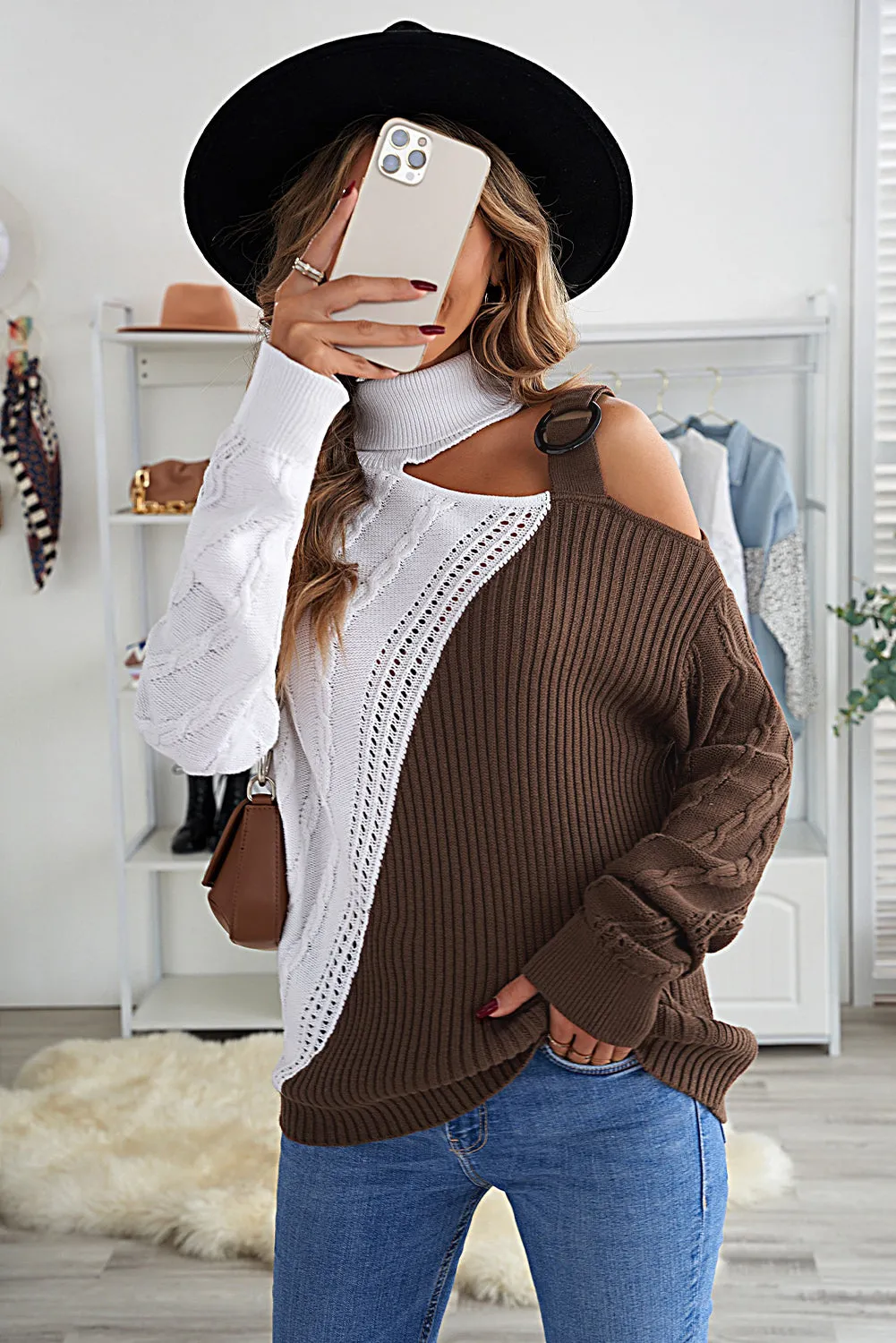 Women's Loose Jumper Knit Tops Turtleneck Cold Shoulder Sweater