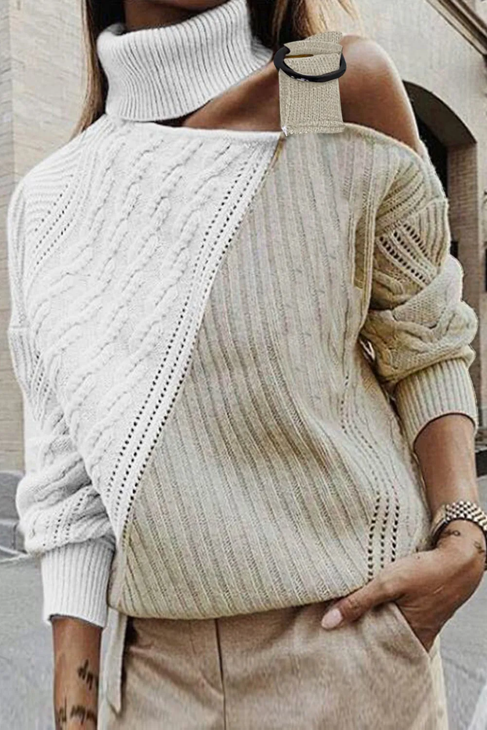 Women's Loose Jumper Knit Tops Turtleneck Cold Shoulder Sweater