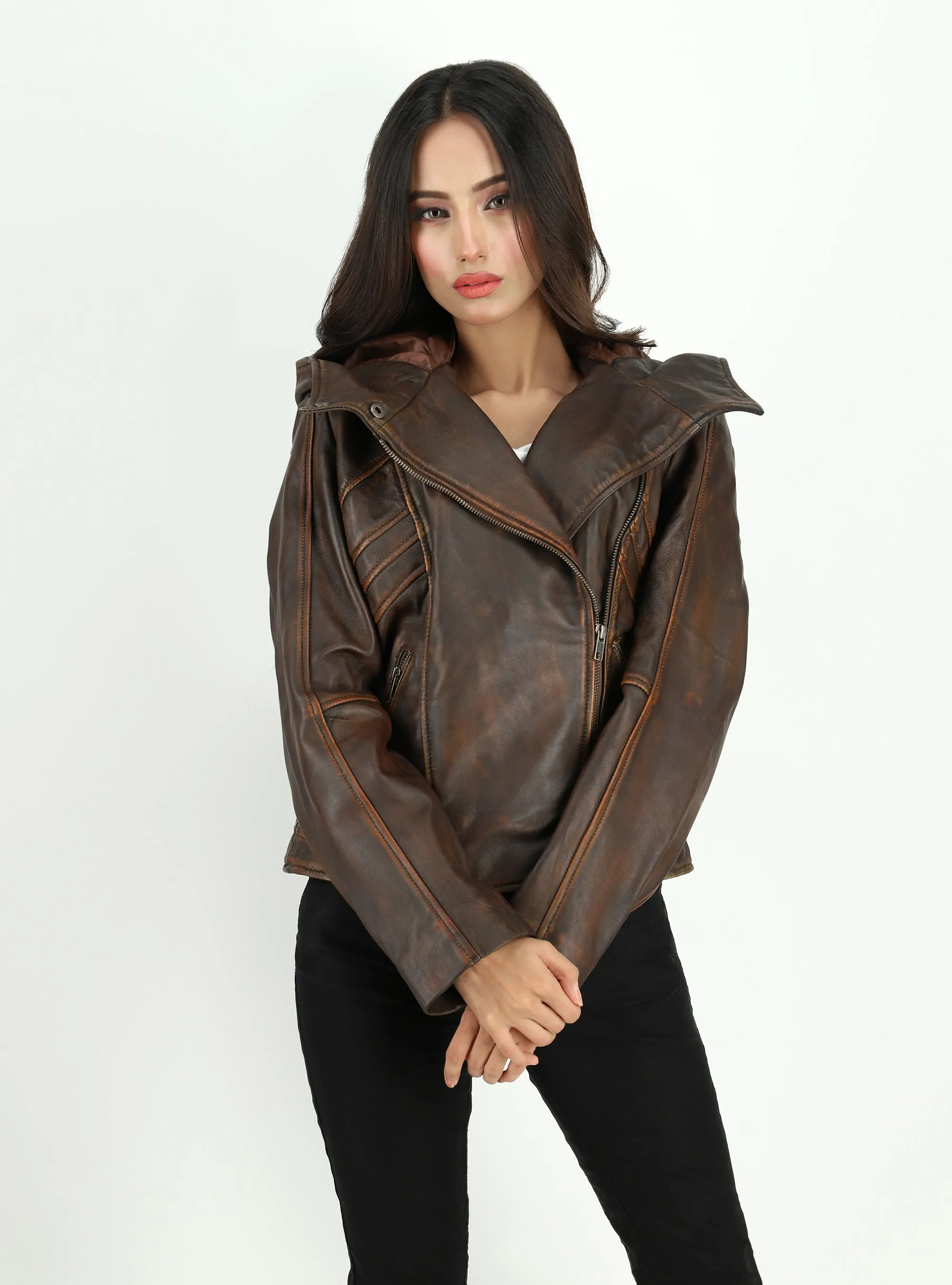 Womens Luna Dual Tone Rustic Hooded Leather Jacket