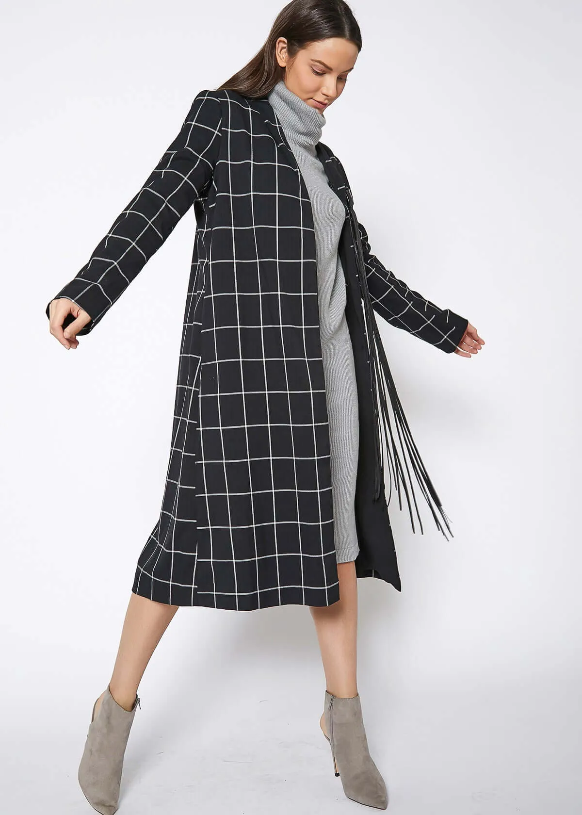 Women's Minimalist Grid Longline Coat In Black