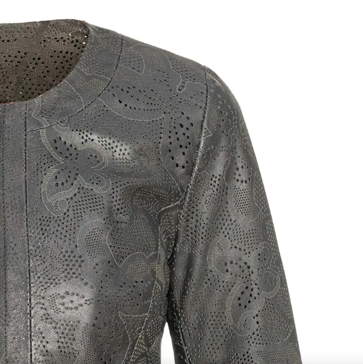 Womens Short Laser Cut Grey Leather Jacket