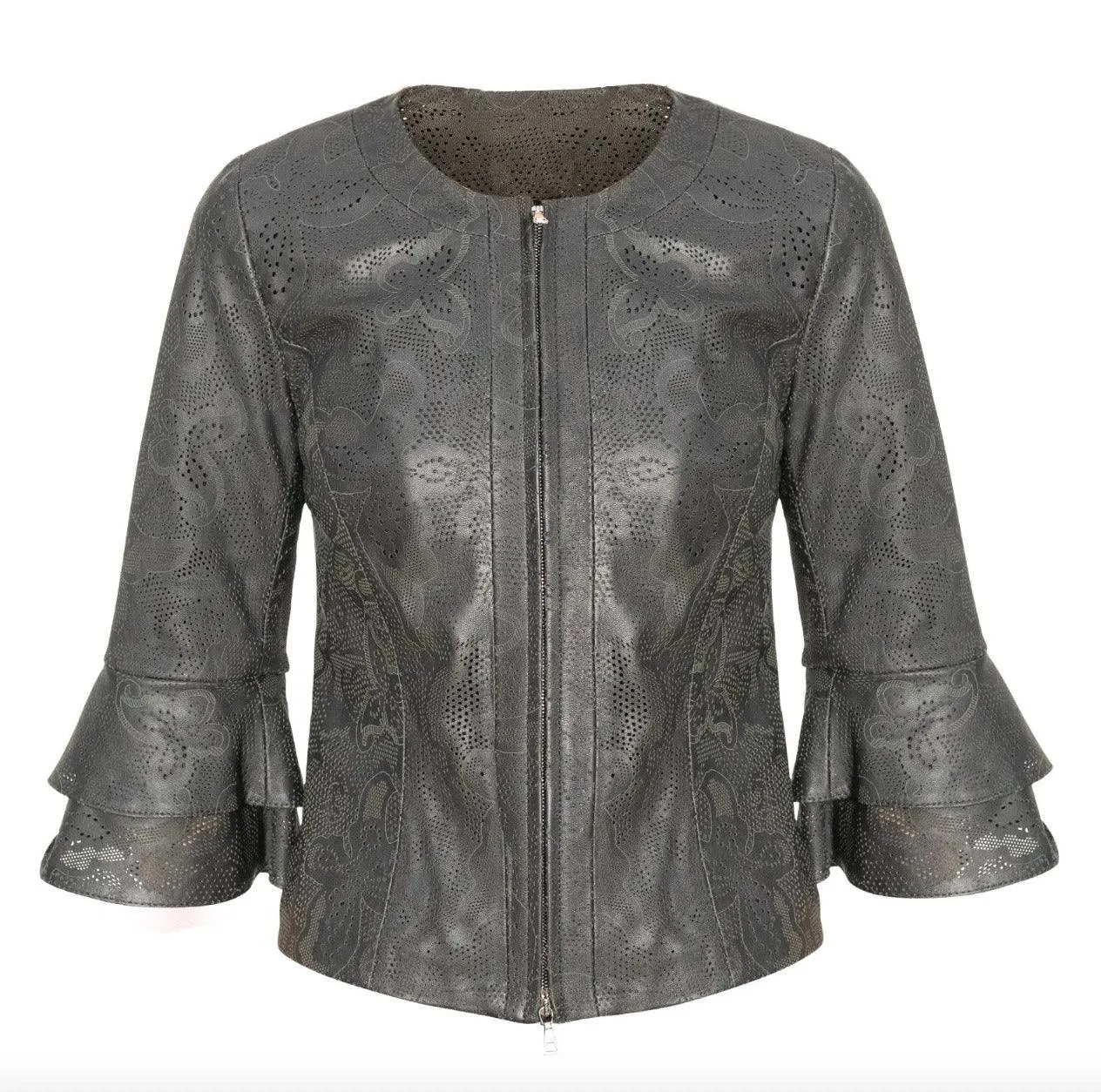 Womens Short Laser Cut Grey Leather Jacket