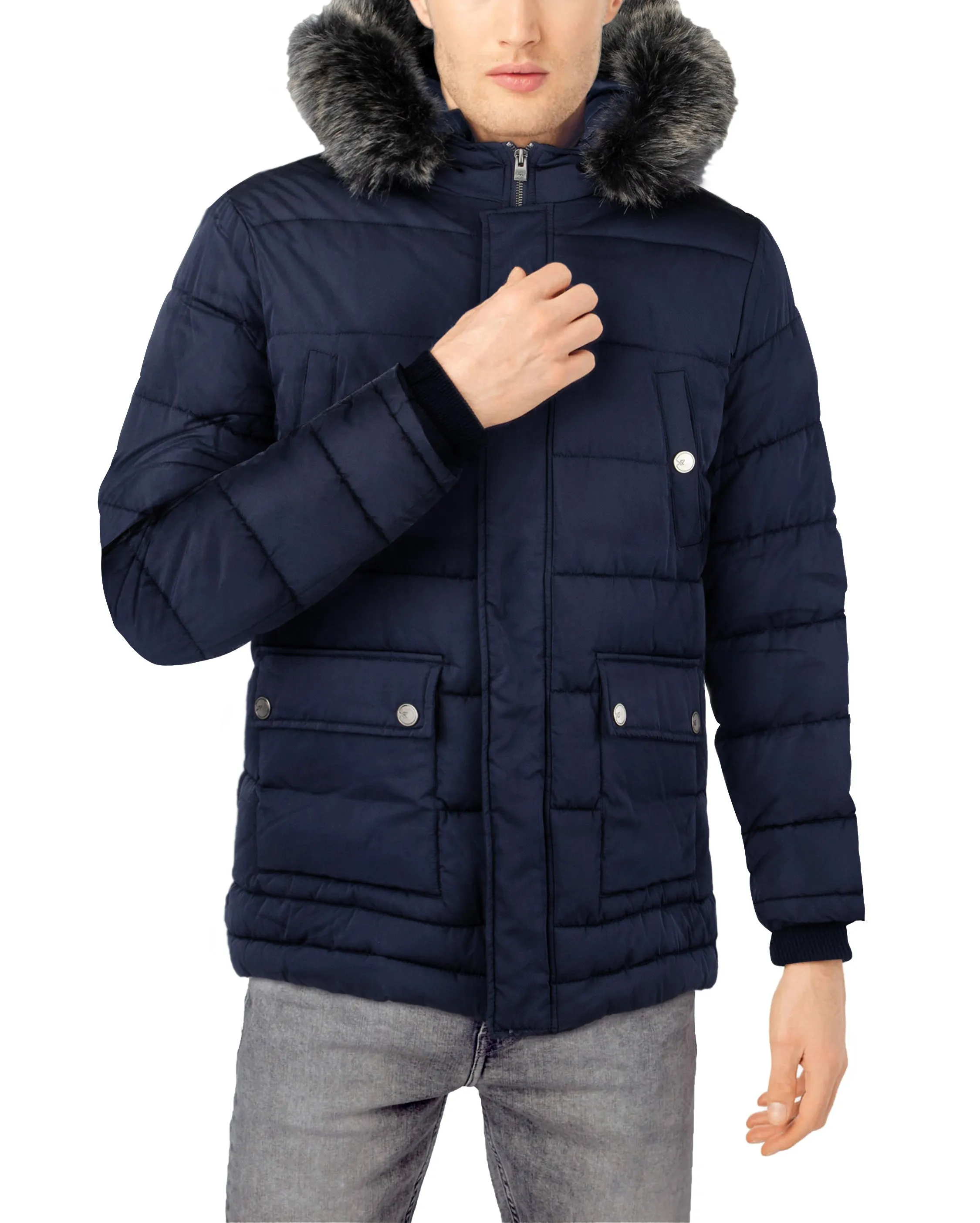 X RAY Men's Hooded Puffer Parka Ski Jacket With Fur Trim